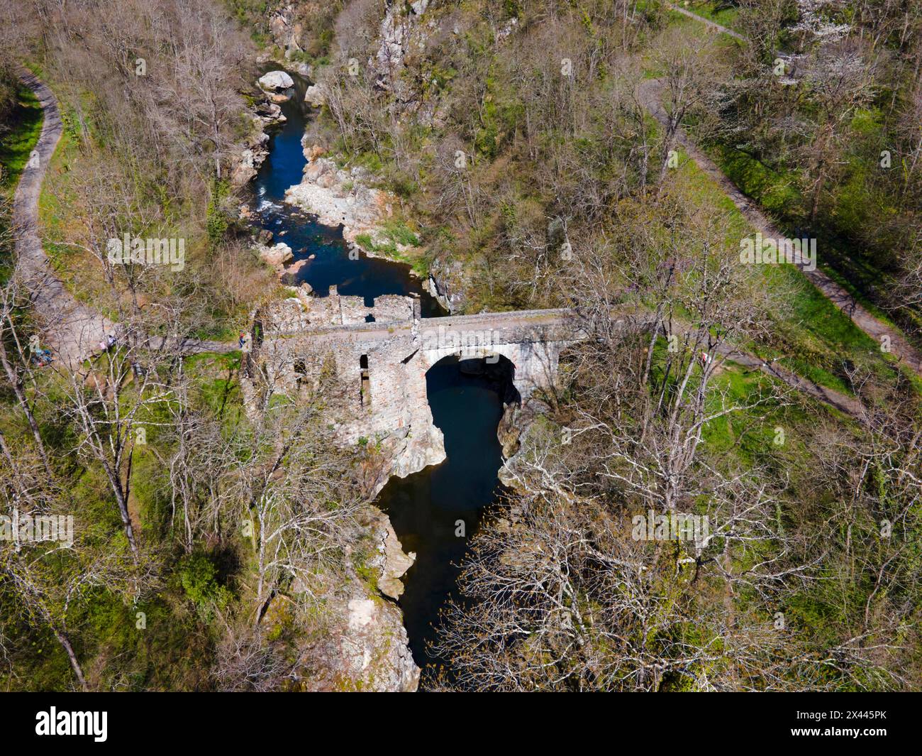 Vecchio ponte in pietra su un fiume circondato dalla natura primaverile e dalle rovine, Ponte del Diavolo, Pont de Diable, Ponte in pietra romanica, fiume Ariege Foto Stock