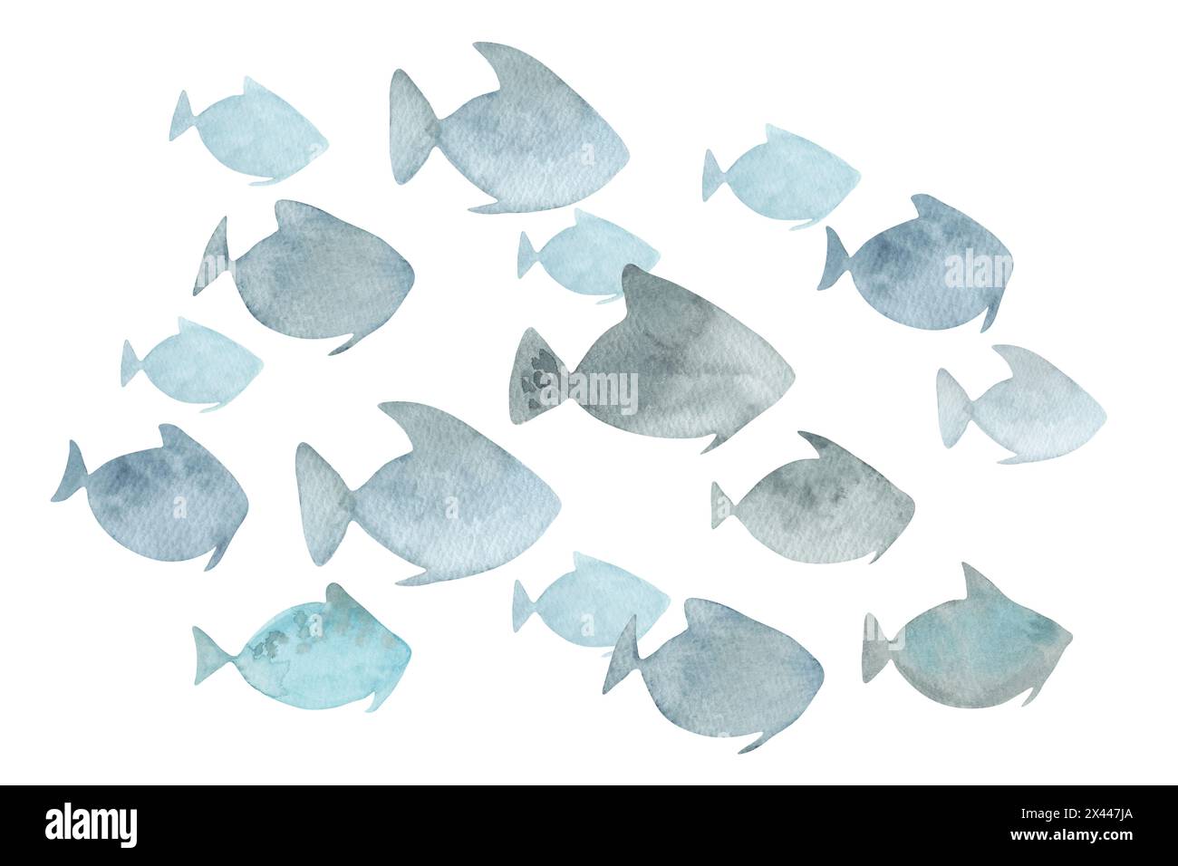 Scuola di pesce. Semplice illustrazione ad acquerello. Disegno isolato disegnato a mano. Clipart del mondo sottomarino. Abitanti acquatici di colore blu del mare Foto Stock