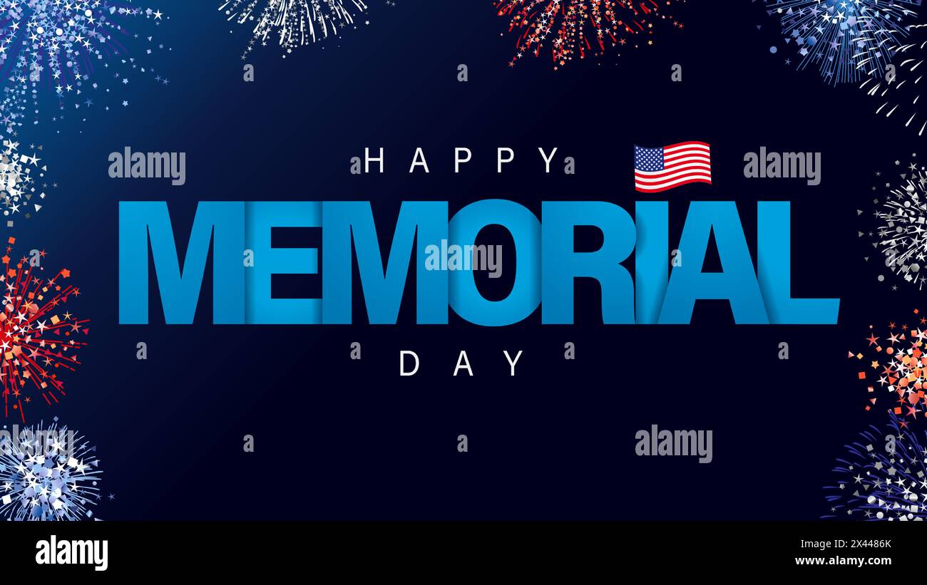 Iscrizione creativa per l'Happy Memorial Day su sfondo blu scuro. Text Memorial Day e colorati fuochi d'artificio. Illustrazione vettoriale Illustrazione Vettoriale