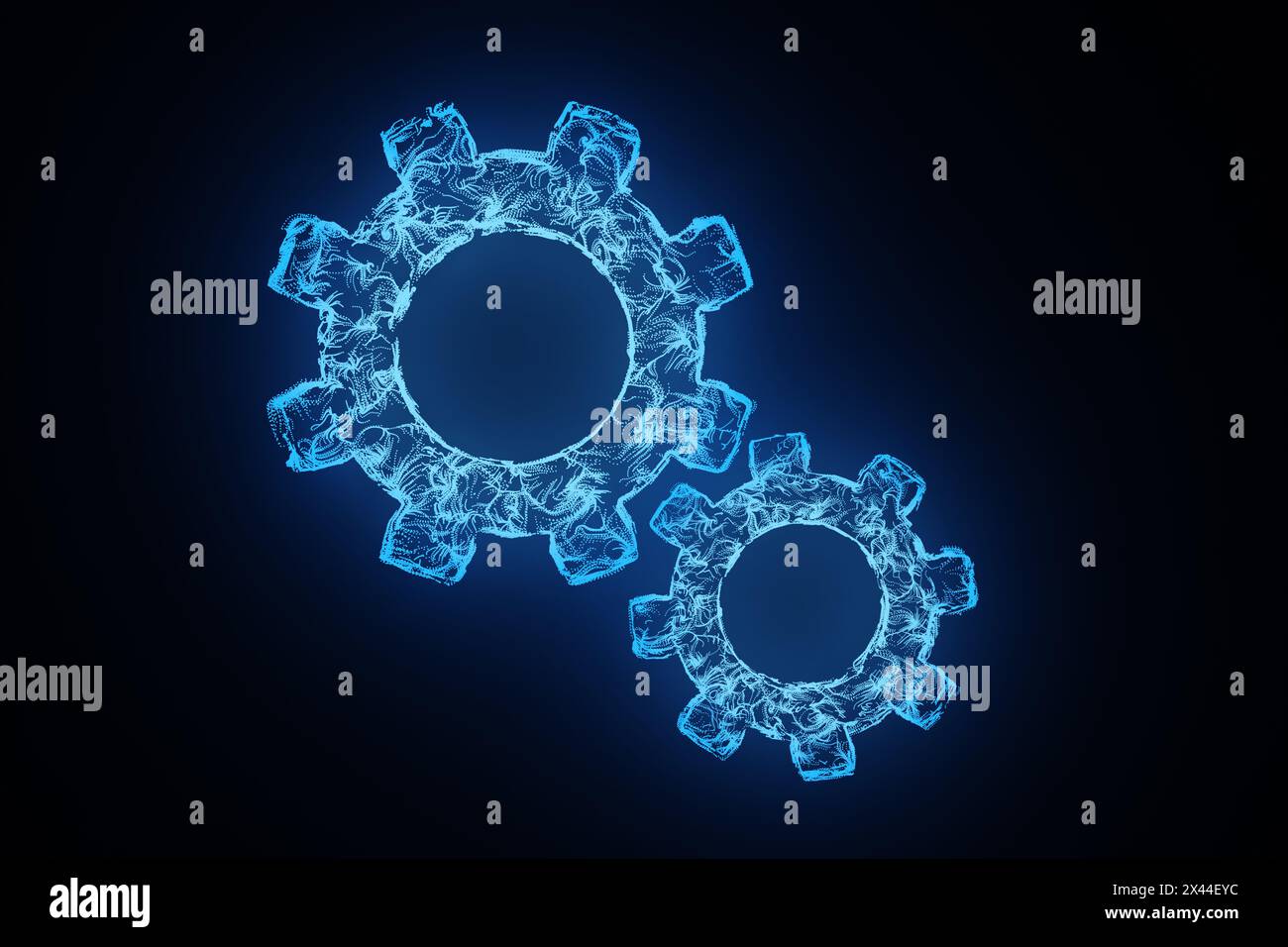 Ruote dentate al neon, grandi e piccole, collegate su sfondo nero. Illustrazione del concetto di lavoro di squadra, efficienza e macchinari Foto Stock