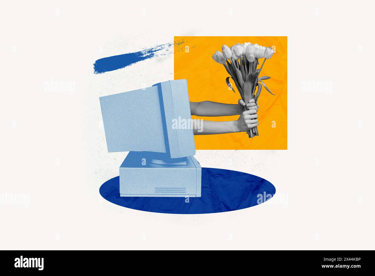 Collage di opere d'arte composite di colore blu vecchio monitor computer tecnologia rétro appaiono dal display tenere il bouquet di tulipani donna regalo giorno Foto Stock