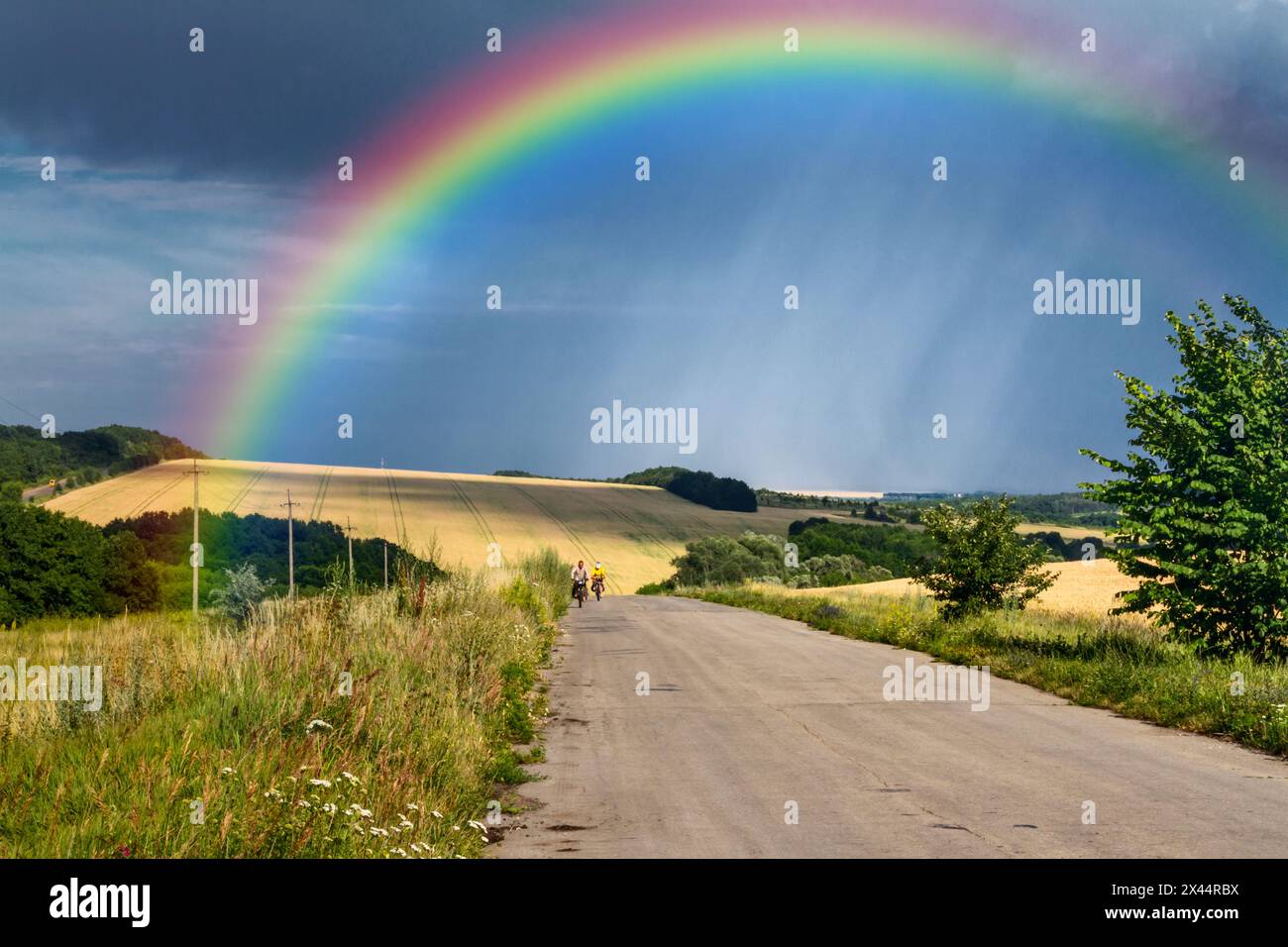 Paesaggio rurale estivo - strada con ciclisti ai raggi del sole che tramonta sullo sfondo cielo piovoso lontano e arcobaleno Foto Stock