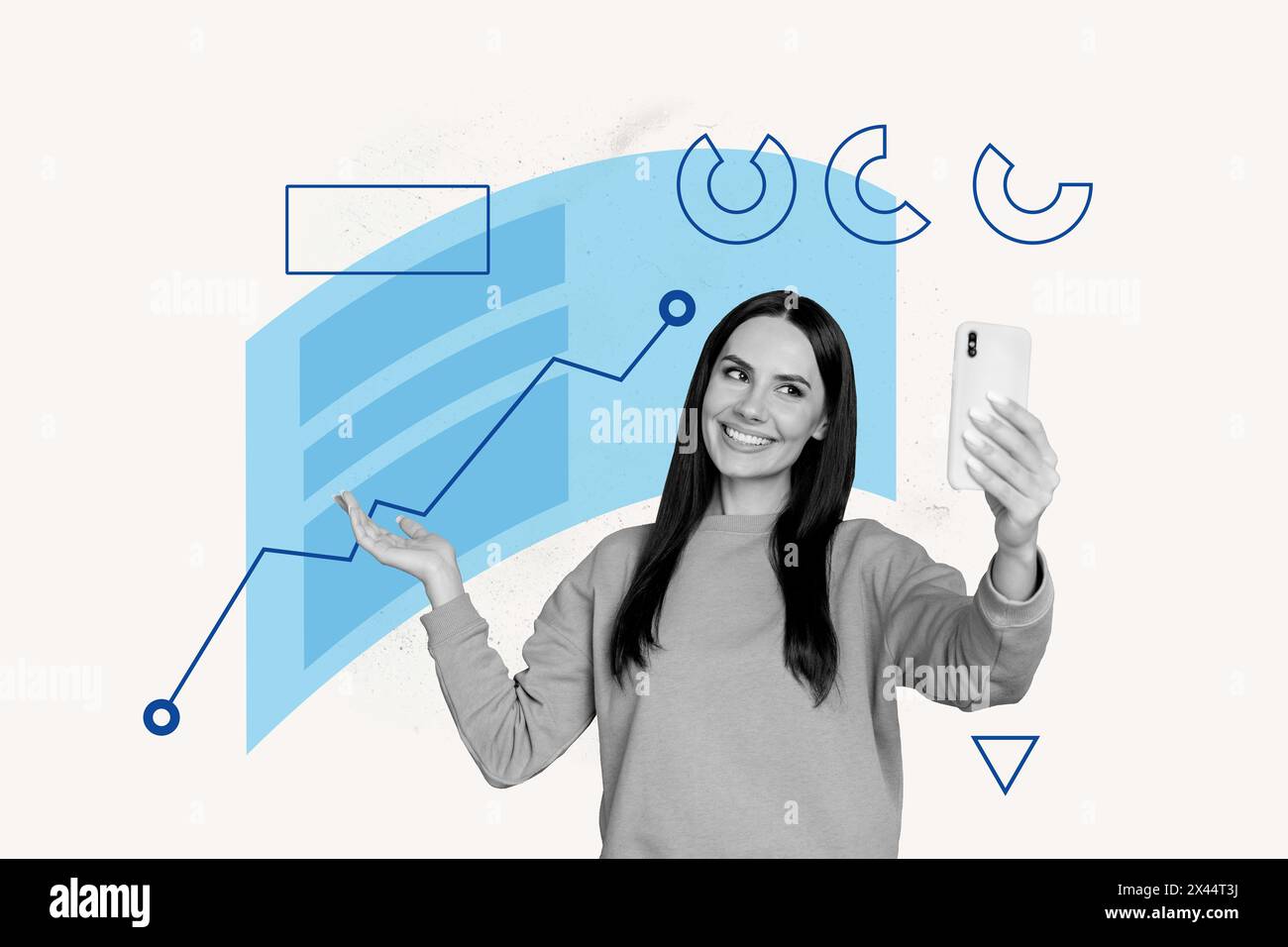 Grafica composita collage di interfaccia di colore blu diagramma statistiche pagina web project manager donna sorriso fare selfie vlog blogger mostrare il risultato Foto Stock