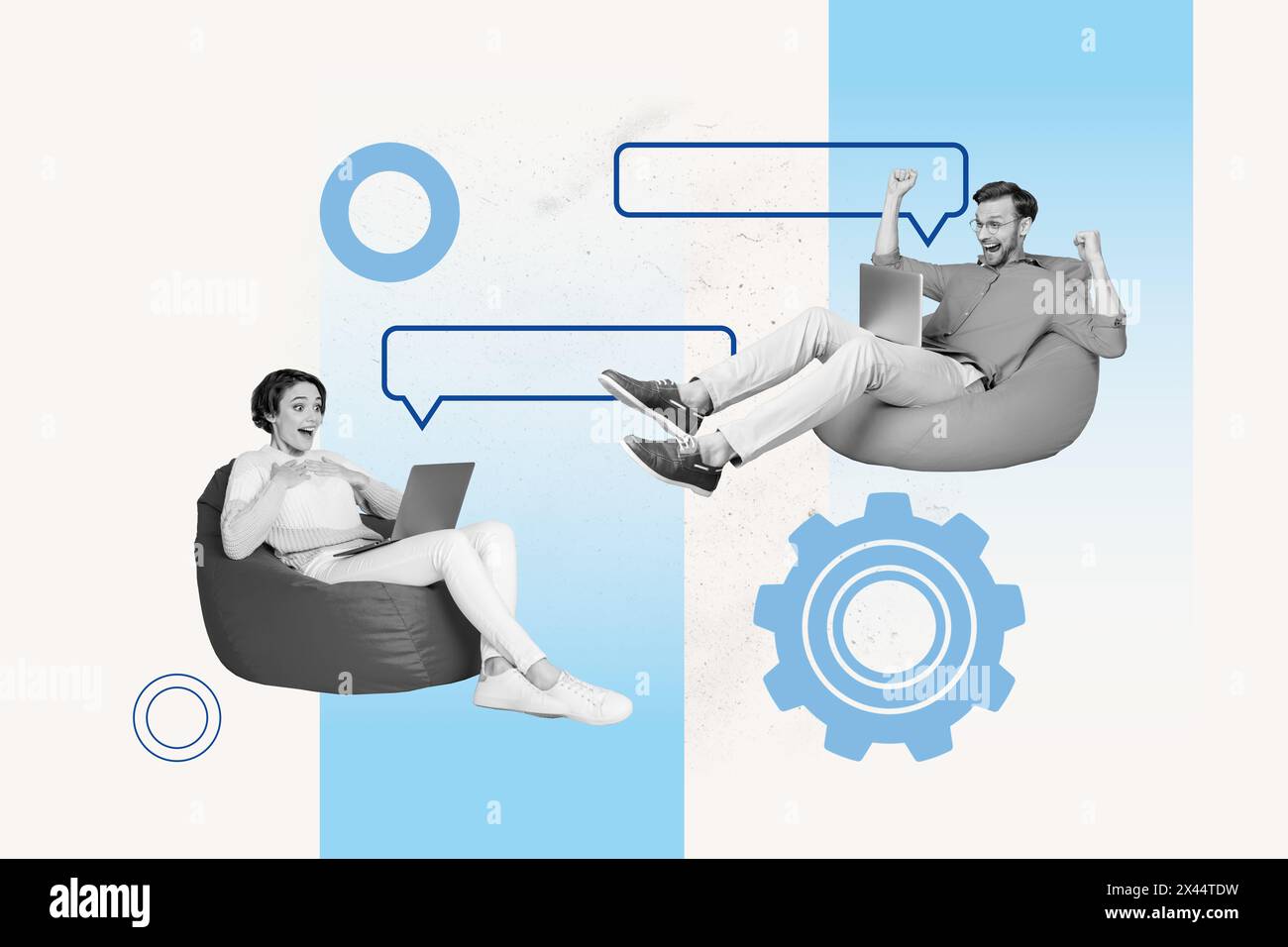 Collage di grafica composita di interfaccia di colore blu pagina web project manager giovane signora uomo seduto beanbag chattare sms utente di data laptop online Foto Stock