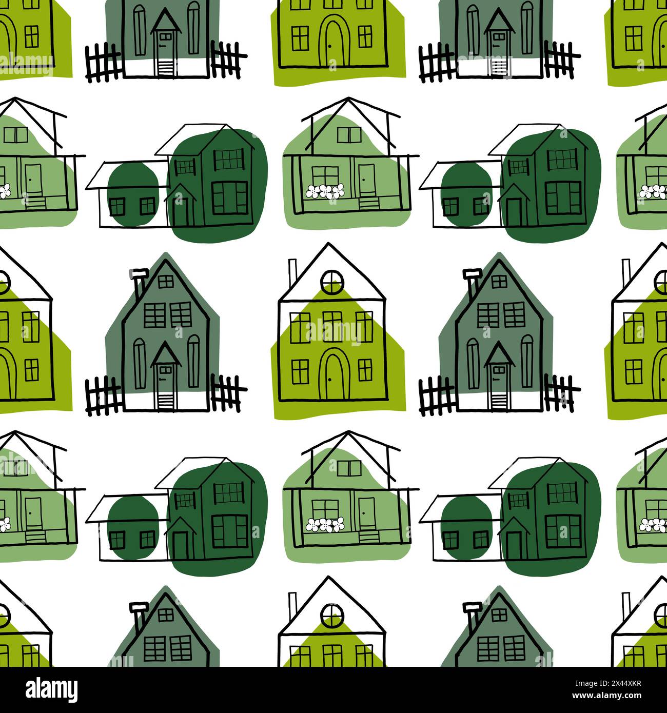 Pattern vettoriale senza giunture. Edifici residenziali disegnati a mano su un tablet in nero e verde. Case private con finestre, aiuole, recinzioni. Illustrazione Vettoriale