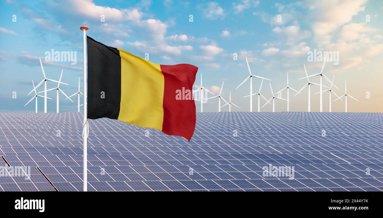 Bandiera ufficiale della Germania di fronte a una vasta gamma di pannelli solari e turbine eoliche Foto Stock