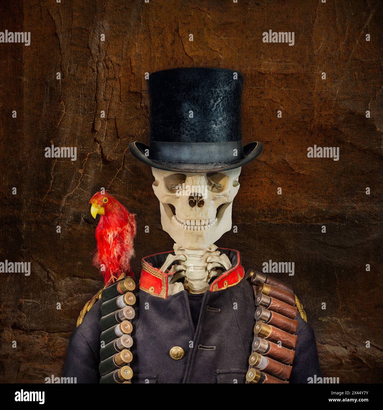 Teschio sorridente steampunk con cappello vintage e uniforme da soldato Foto Stock