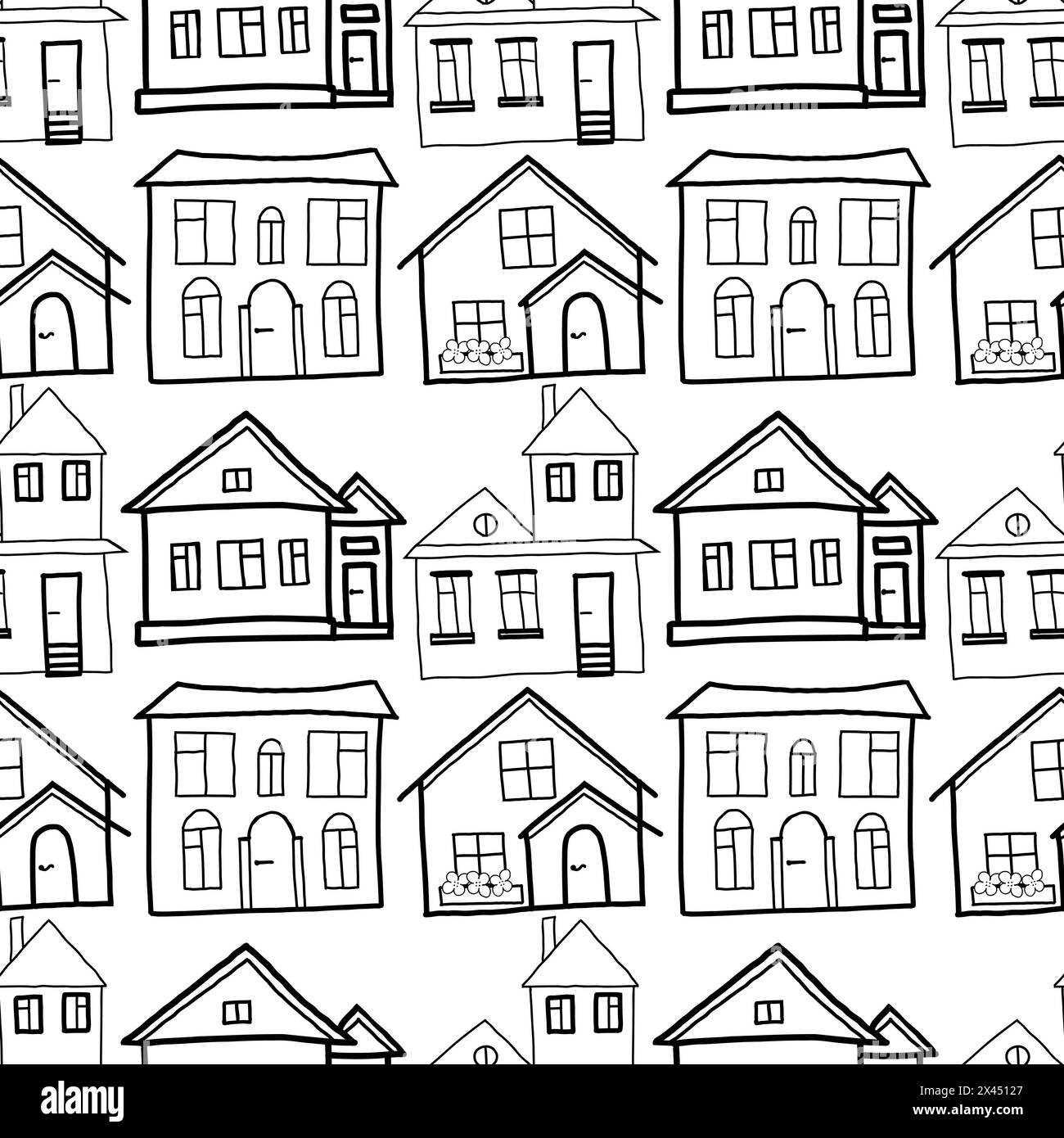 Pattern vettoriale senza giunture. Edifici residenziali disegnati a mano su un tablet in nero. Case private con grandi finestre, aiuole, recinzioni. Illustrazione Vettoriale