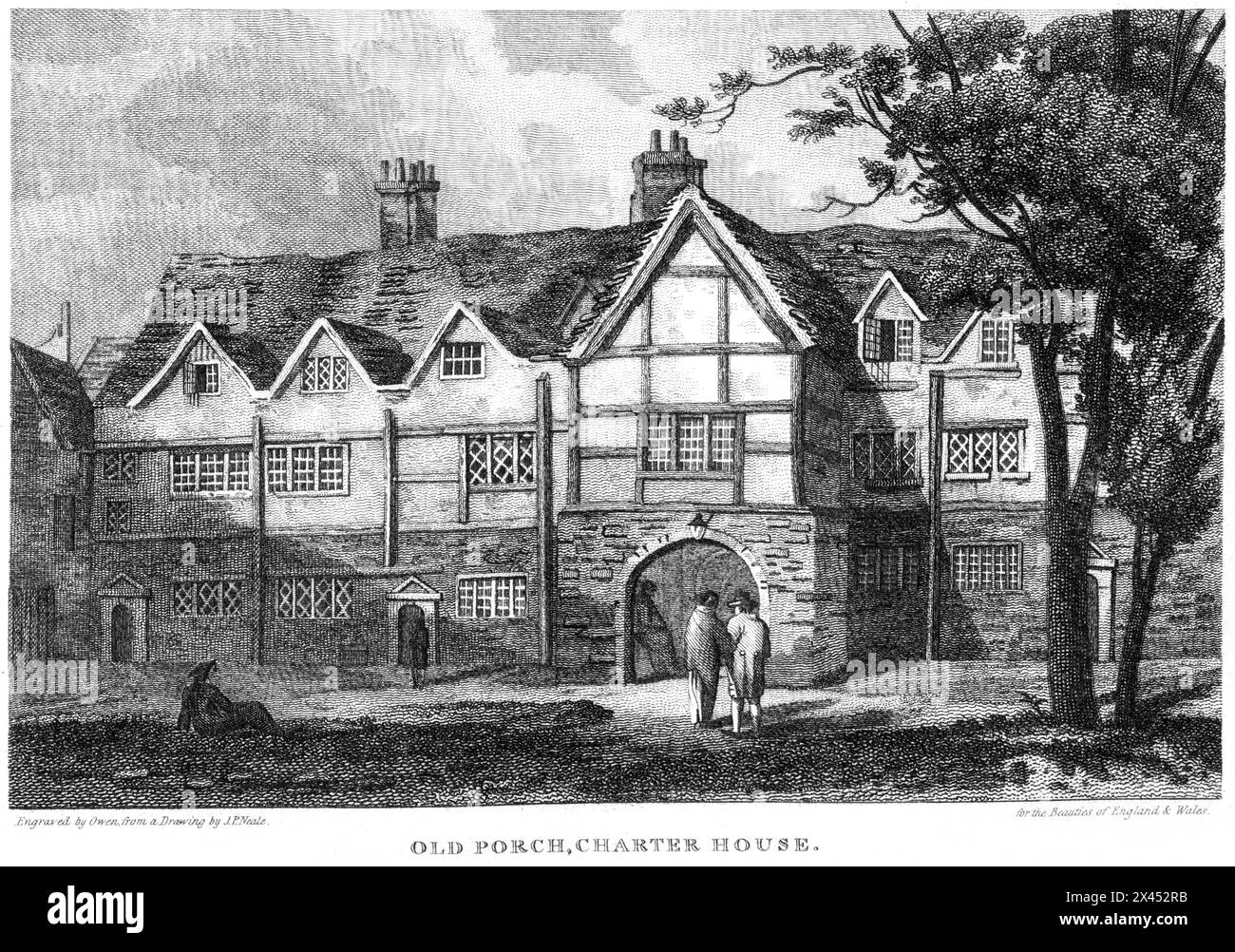 Un'incisione intitolata Old Porch, Charter House, London UK scansionata ad alta risoluzione da un libro pubblicato intorno al 1815. Ritenuto privo di copyright. Foto Stock