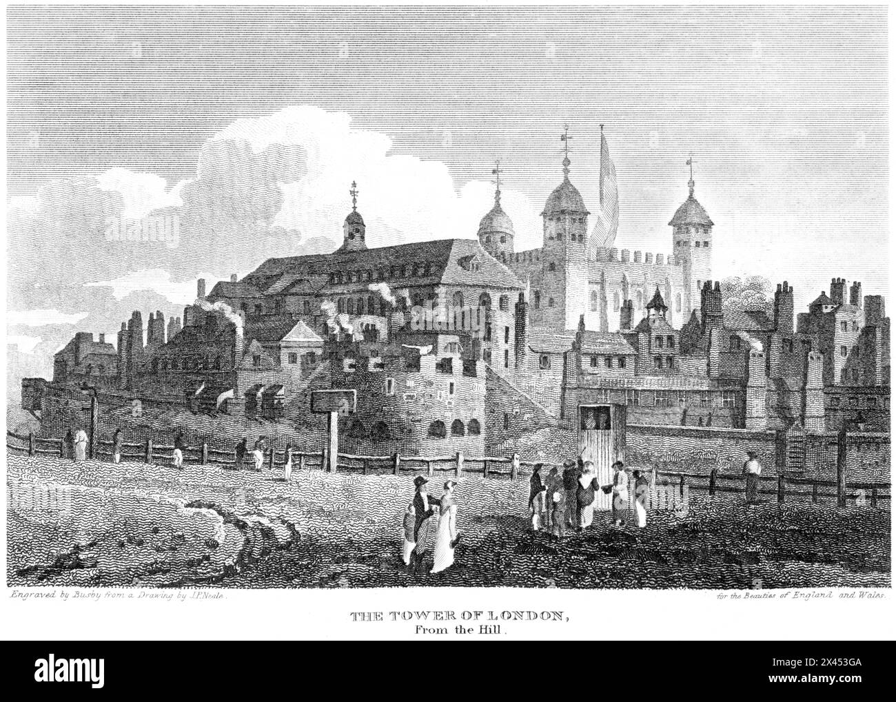 Un'incisione intitolata The Tower of London from the Hill UK scansionata ad alta risoluzione da un libro pubblicato intorno al 1815. Ritenuto privo di copyright. Foto Stock