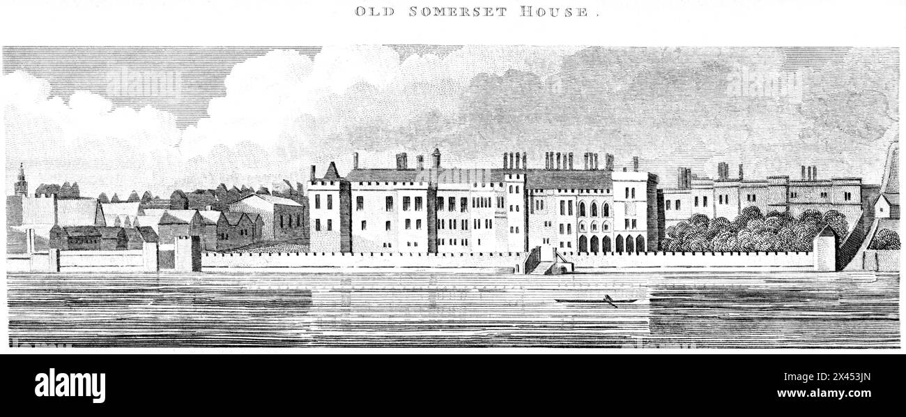 Un'incisione intitolata Old Somerset House, London UK scansionata ad alta risoluzione da un libro pubblicato intorno al 1815. Ritenuto privo di copyright. Foto Stock