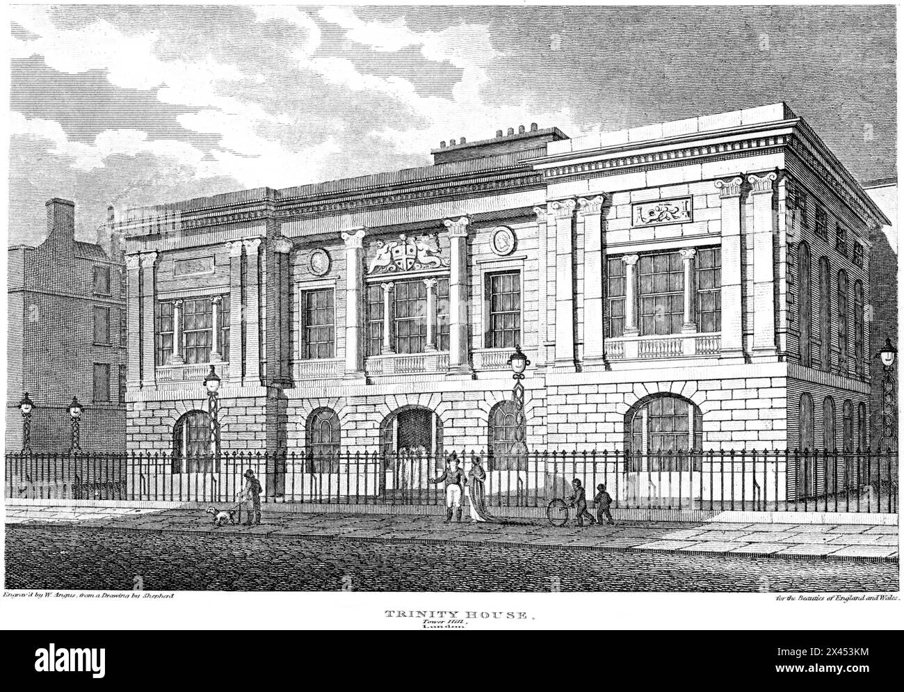 Un'incisione intitolata Trinity House, Tower Hill, London UK scansionata ad alta risoluzione da un libro pubblicato intorno al 1815. Ritenuto privo di copyright. Foto Stock