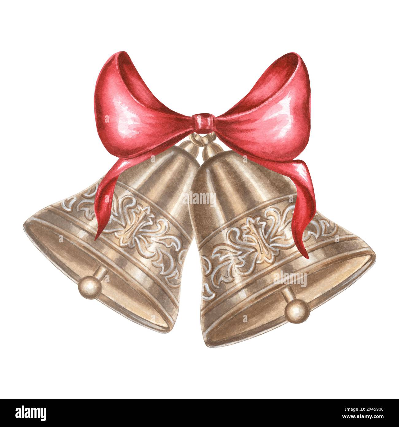 Campane in bronzo ornate con fiocco in seta rossa. Albero di Natale decorato in vintage. Illustrazione ad acquerello disegnata a mano, design delle festività. Modello isolato per Foto Stock