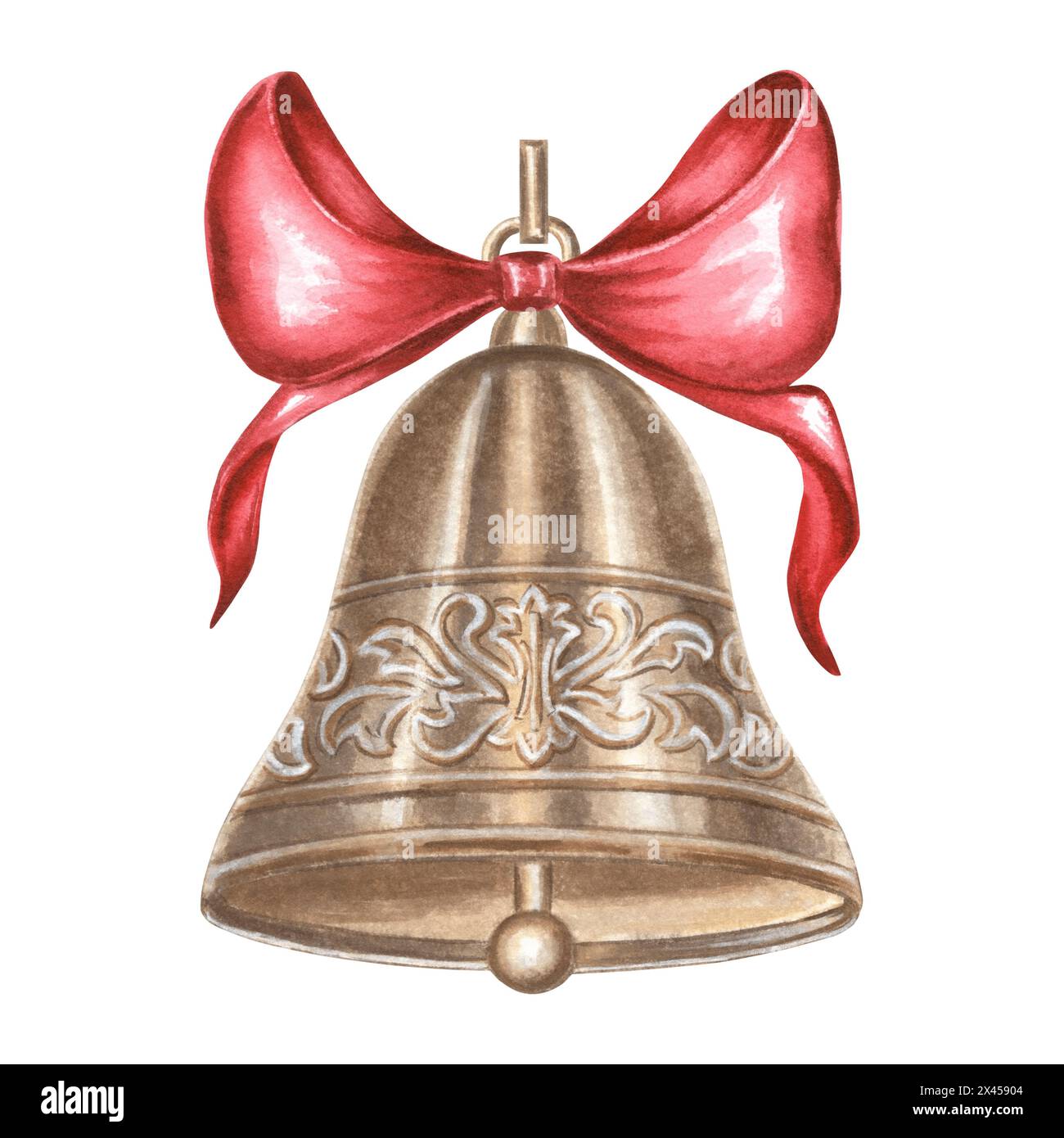Campana in bronzo ornata con fiocco in seta rossa. Albero di Natale decorato in vintage. Illustrazione ad acquerello disegnata a mano, design delle festività. Modello isolato per i Foto Stock