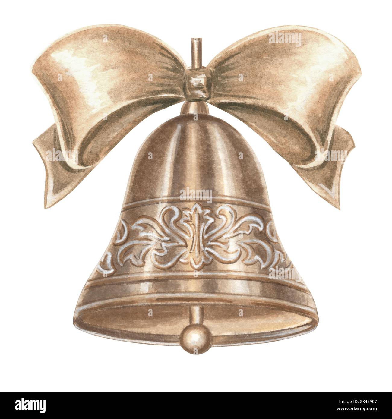 Campana in bronzo ornata con fiocco di seta. Albero di Natale decorato in vintage. Illustrazione ad acquerello disegnata a mano, design delle festività. Modello isolato per invit Foto Stock