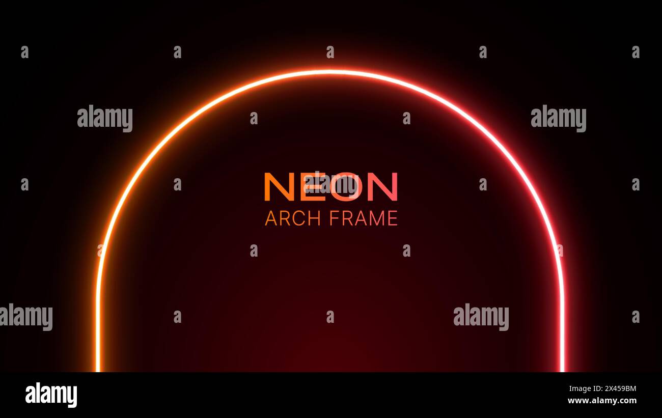 Luce ad arco al neon. Arco luminoso su sfondo nero. Gate laser 3D con gradiente. Tunnel LED nei colori arancione e rosso. Modello per la progettazione con testo. Illustrazione Vettoriale