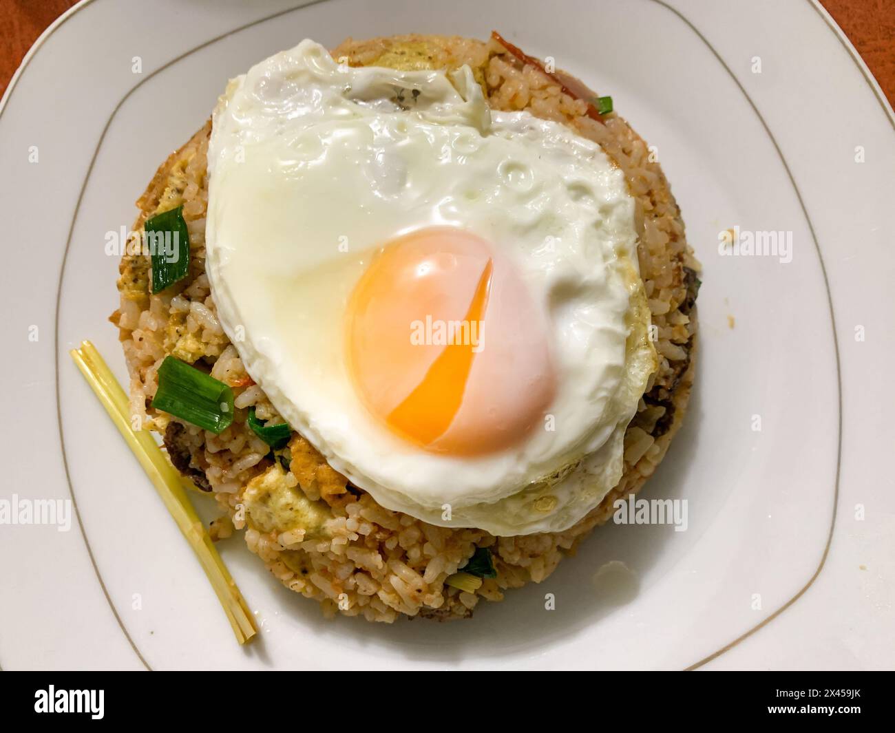 Riso fritto "Nasi goreng" con cibo indonesiano. Foto Stock