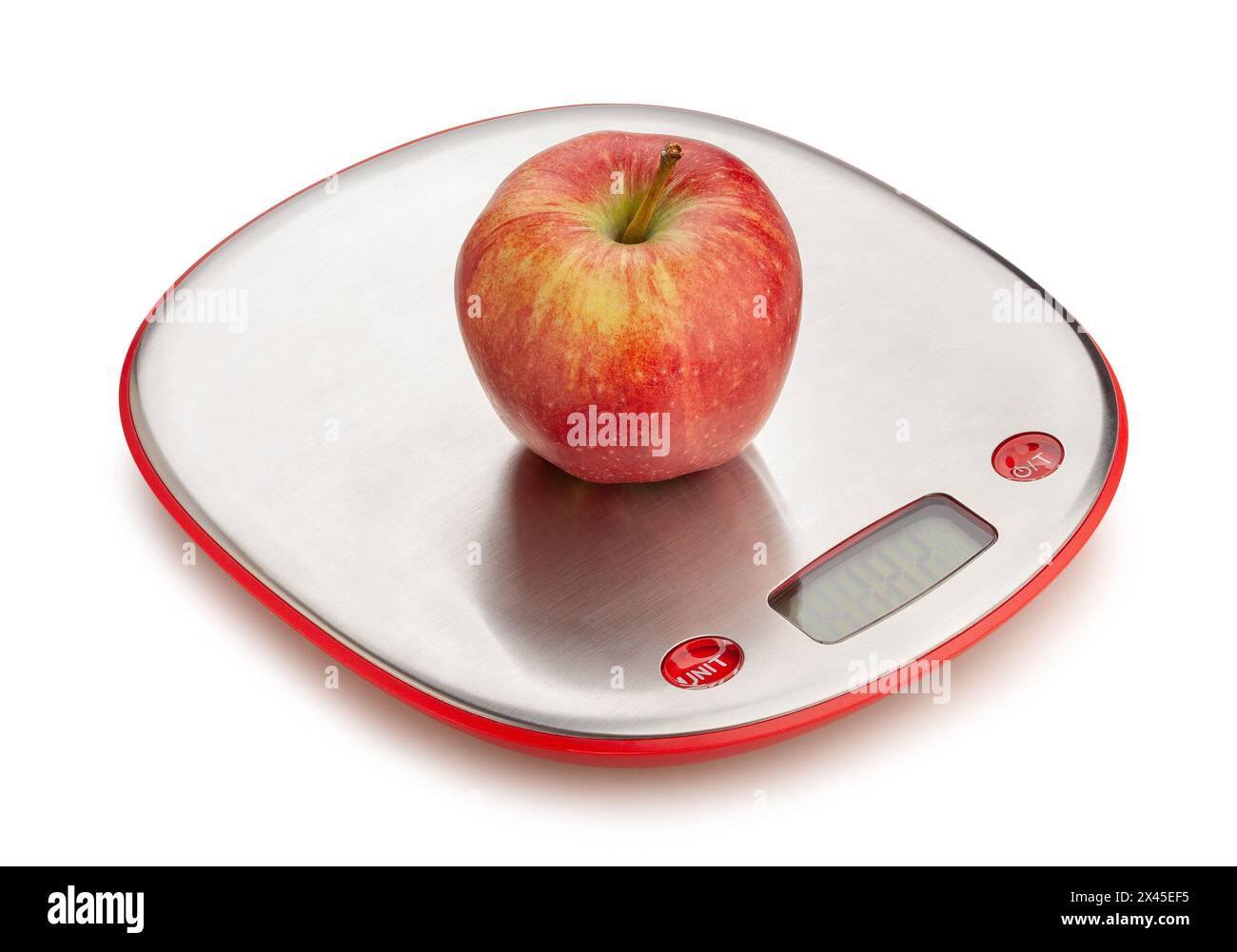 apple su bilance da cucina, percorso isolato sulla vista dall'alto bianca Foto Stock