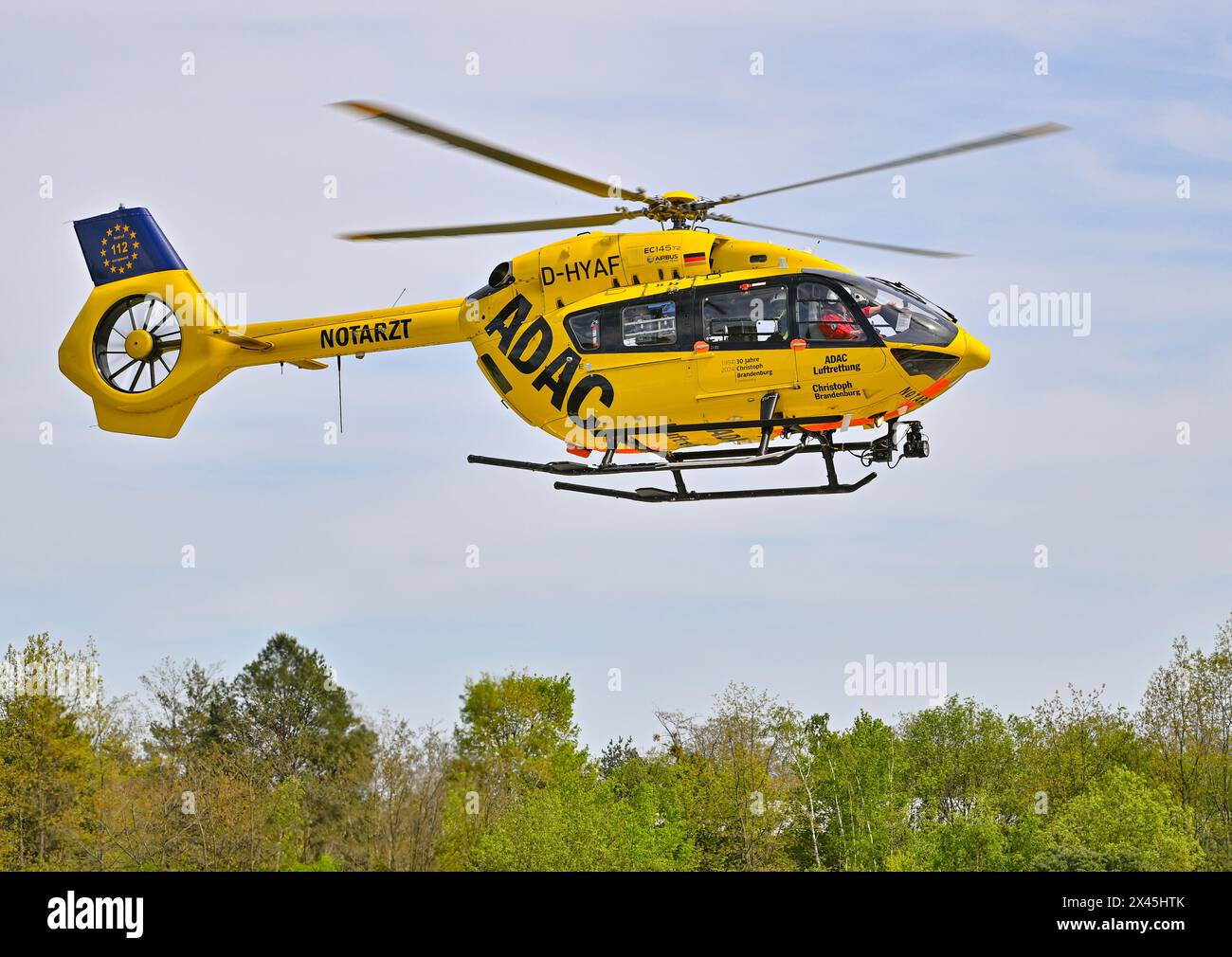 Senftenberg, Germania. 29 aprile 2024. L'elicottero di soccorso ADAC 'Christoph Brandenburg' del tipo Airbus Helicopters EC 145 si sta avvicinando alla stazione di Senftenberg. Due elicotteri di soccorso ADAC sono di stanza a Senftenberg: 'Christoph 33' e 'Christoph Brandenburg'. Gli equipaggi di Senftenberg hanno completato circa 73.000 missioni fino ad oggi. 'Christoph Brandenburg' ha volato circa 28.000, circa 1000 di loro nel 2023. Crediti: Patrick Pleul/dpa/Alamy Live News Foto Stock