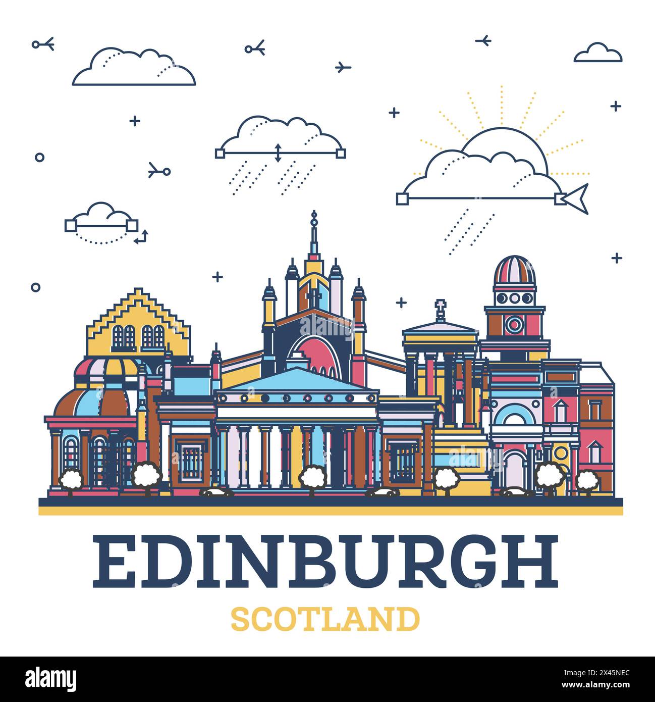 Delinea lo skyline della città scozzese di Edimburgo con edifici colorati moderni e storici isolati su White. Illustrazione vettoriale. Edimburgo Illustrazione Vettoriale