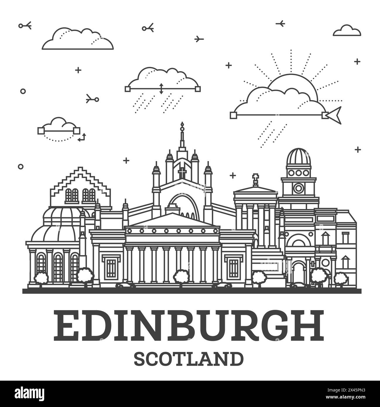 Delinea lo skyline di Edimburgo in Scozia con edifici moderni e storici isolati su White. Illustrazione vettoriale. Paesaggio urbano di Edimburgo con monumenti storici. Illustrazione Vettoriale