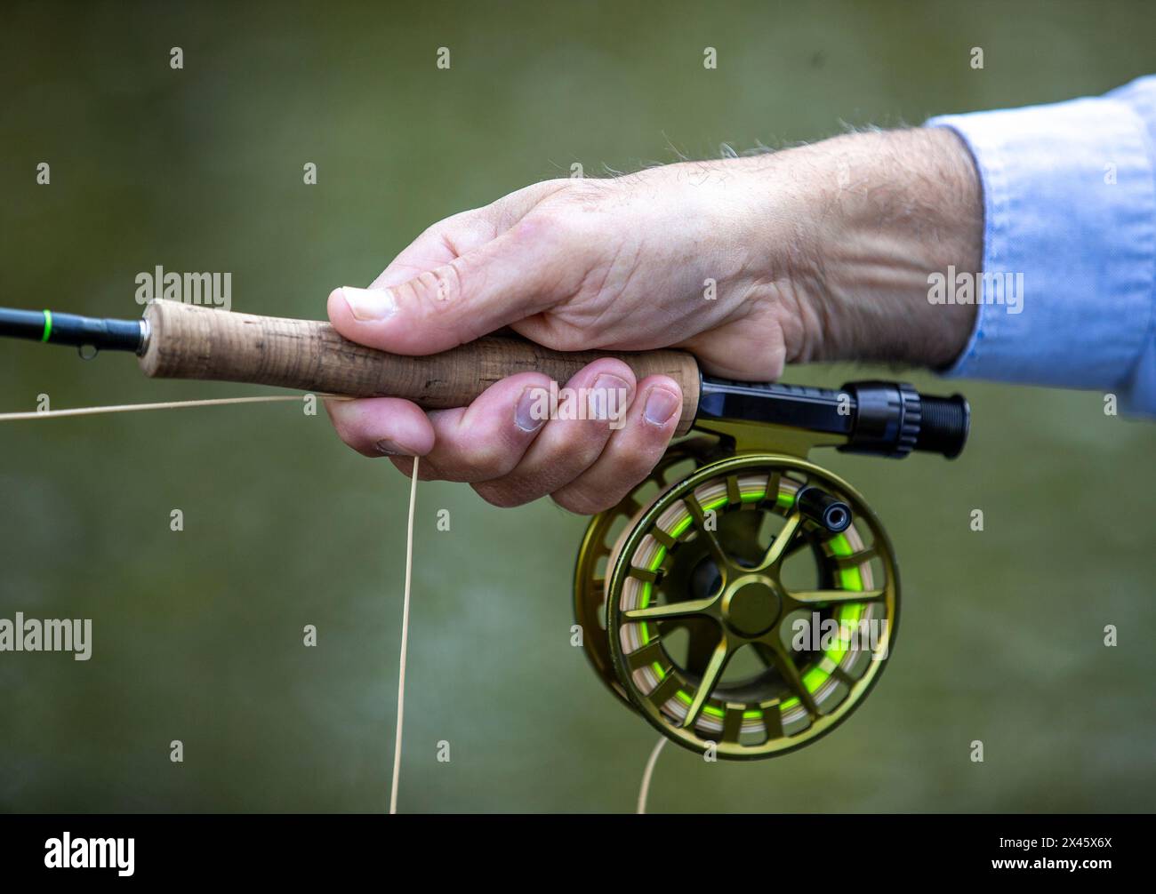 Primo piano di un pescatore di mosca con canna e mulinello Foto Stock