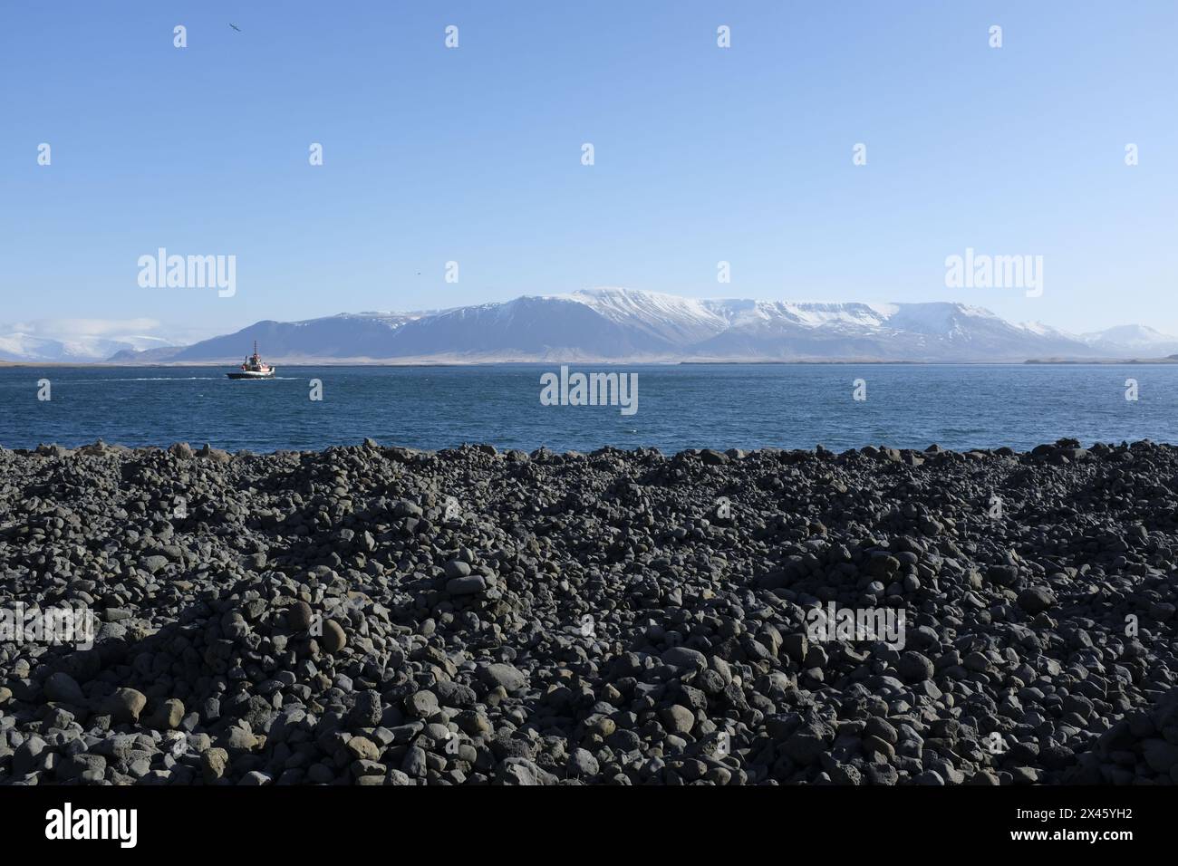 Passeggiata di Reykjavik, con vista sul monte Esja, Islanda Foto Stock