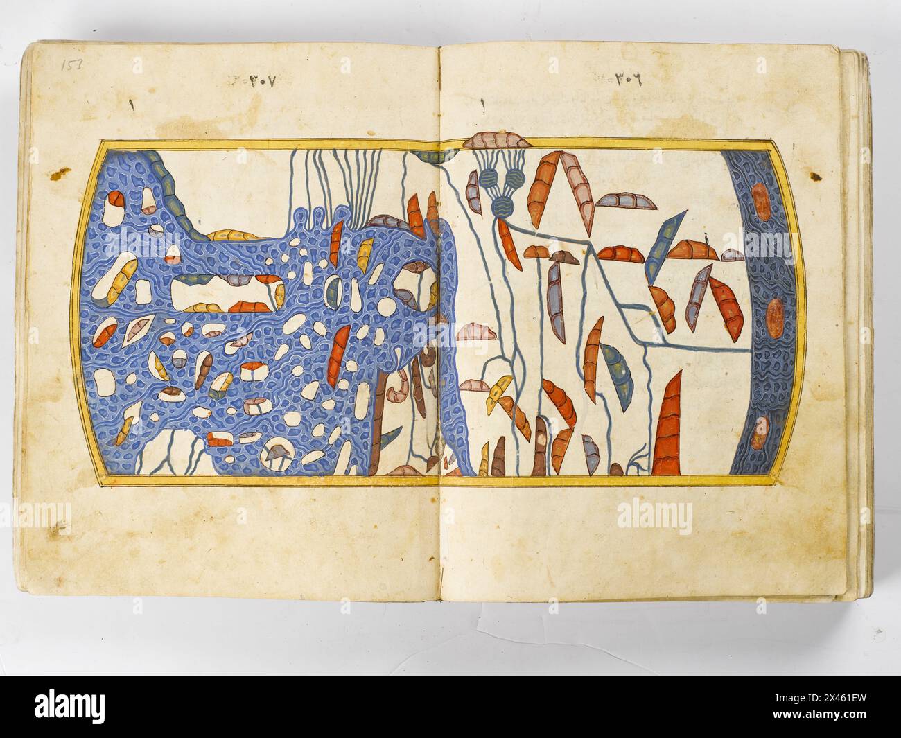 Pagine del primo volume di EBU'l-Abbâs Ahmed B. Yahyâ B. Fazlullâh el-Ömert Sihâb's enciclopedic work on Geography and History questo lavoro, scritto da EBU'l-Abbâs Ahmed B. Yahyâ B. Fazlullâh el-Ömert Sihâb, è un riferimento enciclopedico sulla geografia e la storia. Composto da 184 pagine scritte in scrittura Naskh con 19 righe per pagina, include quattro mappe, che forniscono preziose informazioni sul contesto geografico e storico del periodo. Il manoscritto è rilegato in una copertina robusta, che mostra sia profondità accademica che maestria artigianale. Foto Stock