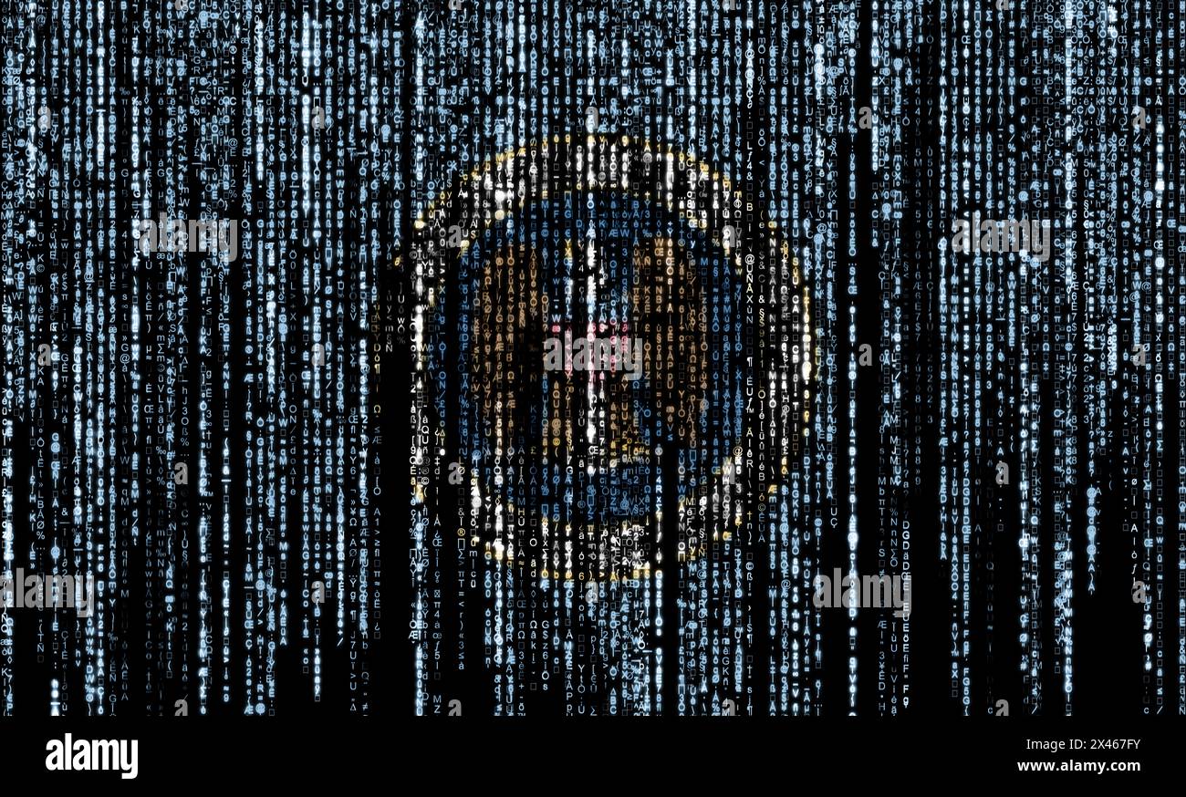 Bandiera della NSA (National Security Agency) su un computer codici binari che cadono dall'alto e svaniscono. Foto Stock
