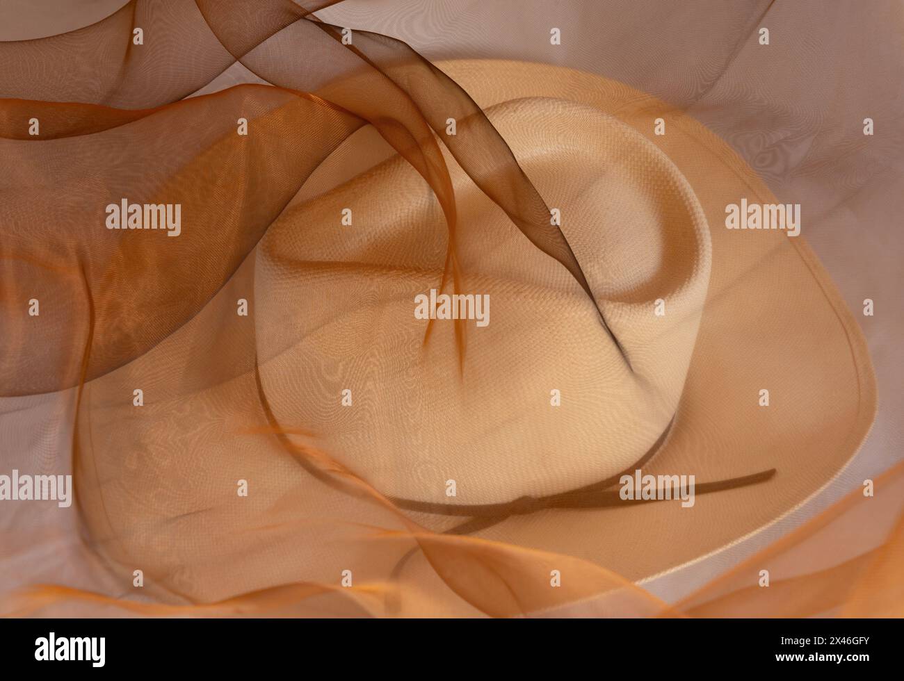 Il cappello WESTERN da cowboy è impreziosito da un tessuto in nylon lucido bronzo dorato. Il cappello di paglia marrone ha una fascia marrone e un ampio bordo con spazio di testo. Foto Stock