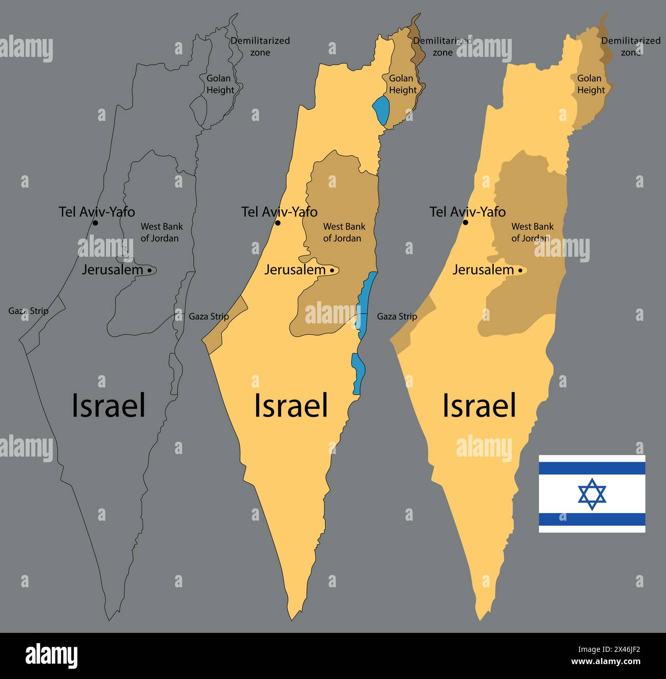 Illustrazione vettoriale di una mappa di Israele. Un paese dell'Asia occidentale. Illustrazione Vettoriale