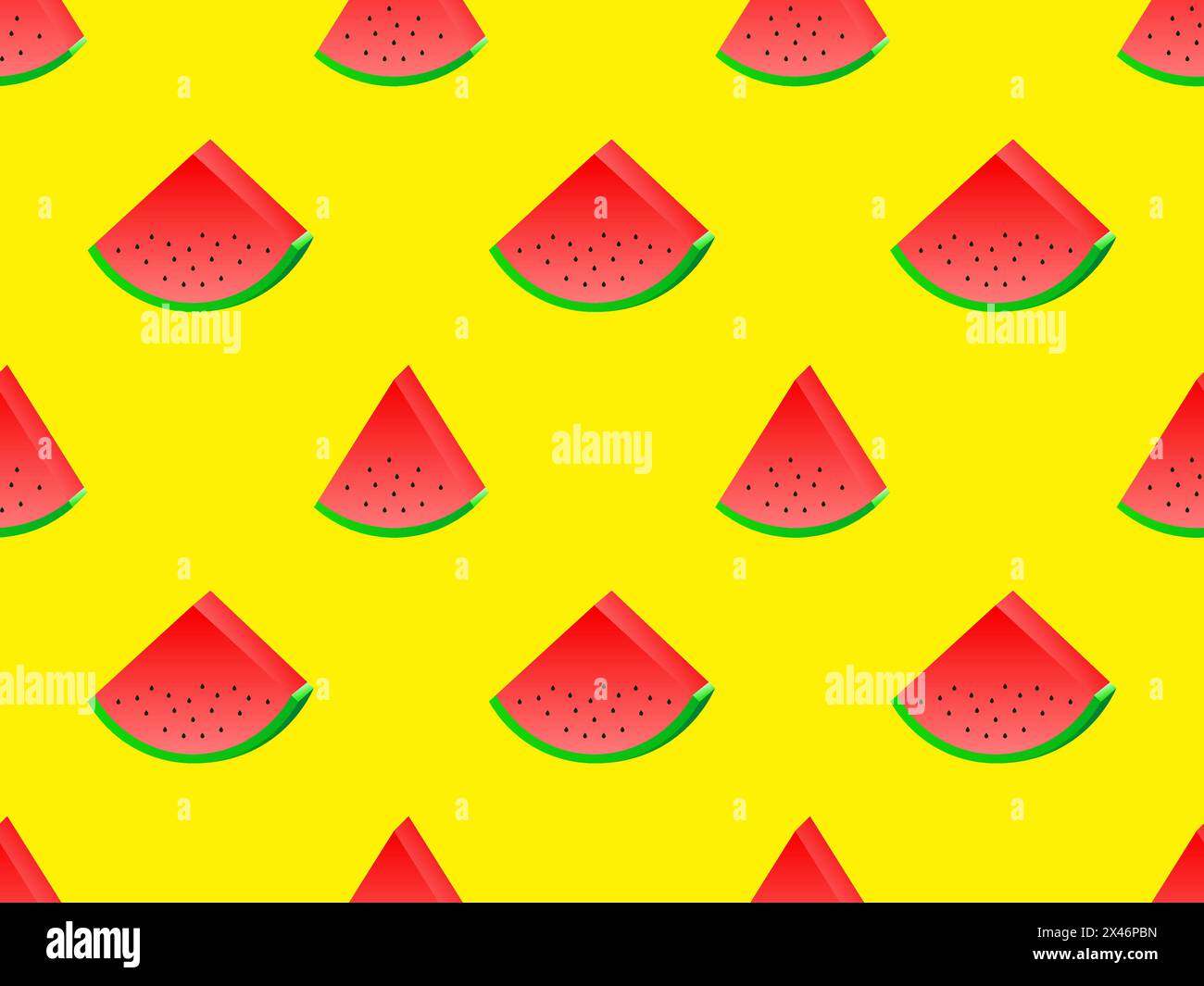 Fette di anguria 3D con motivo semi senza cuciture. Fette isometriche di anguria su sfondo giallo. Design per poster, carta da parati, stampa promozionale Illustrazione Vettoriale