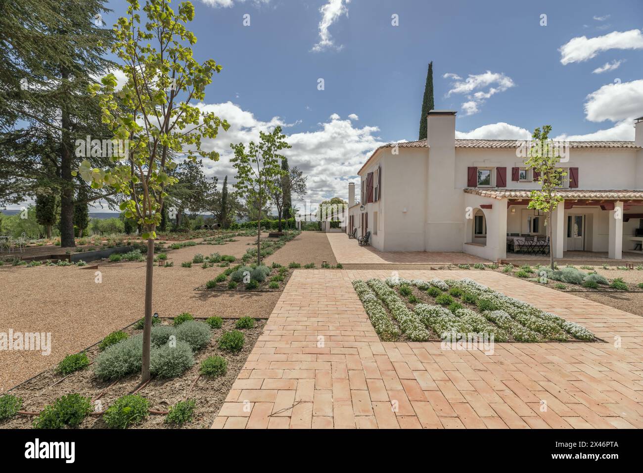 Giardini recentemente piantati con pavimenti in terracotta e ghiaia nel patio di una casa in stile fattoria andalusa Foto Stock