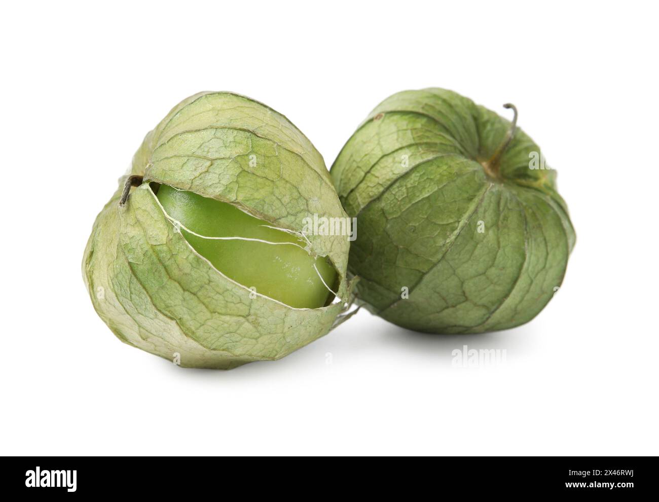 Tomatillo verde fresco con buccia isolata su bianco Foto Stock