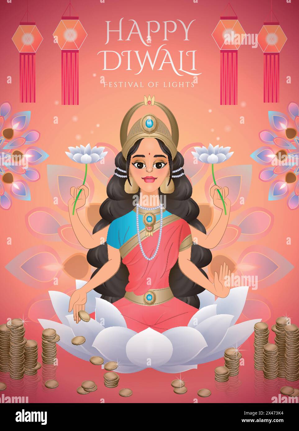 Felice design Diwali con la dea Lakshmi seduta su loto bianco e circondata da denaro e lampade a olio Illustrazione Vettoriale