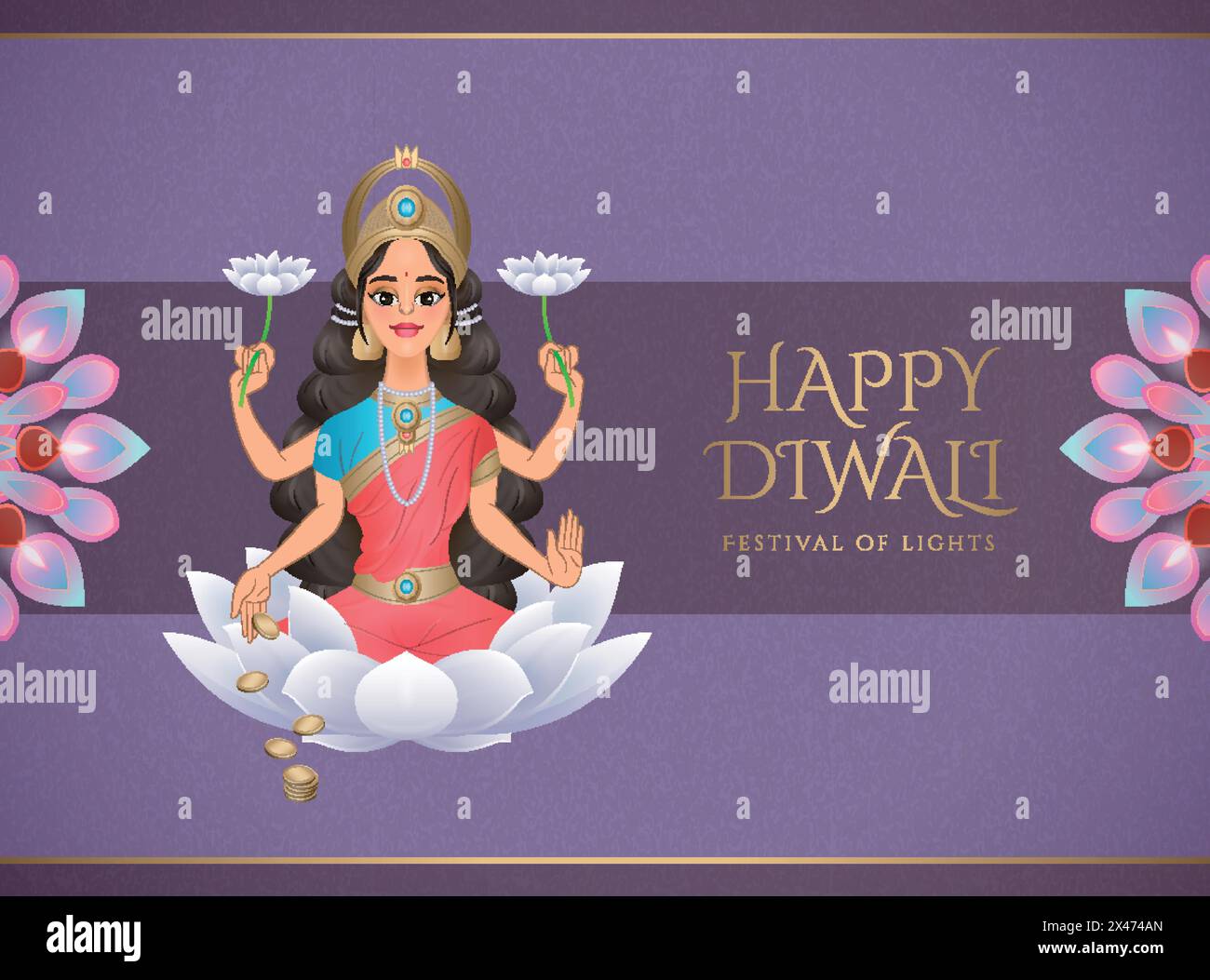 Design Happy Diwali con la dea Lakshmi seduta su loto bianco, sfondo viola Illustrazione Vettoriale