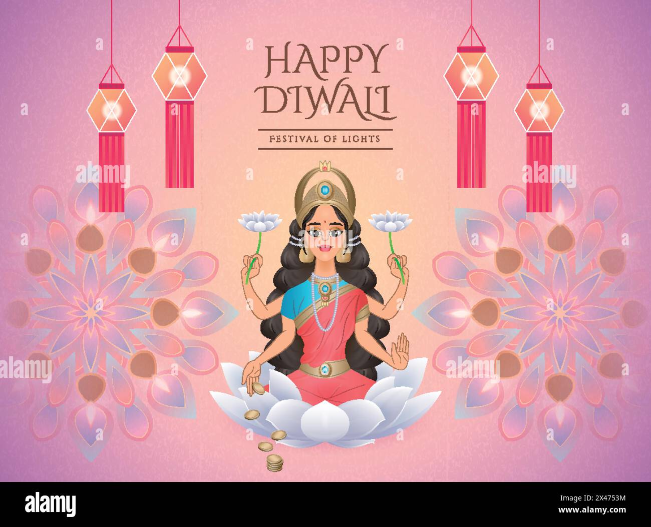 Design Happy Diwali con la dea Lakshmi seduta su loto bianco e circondata da lampade a olio Illustrazione Vettoriale