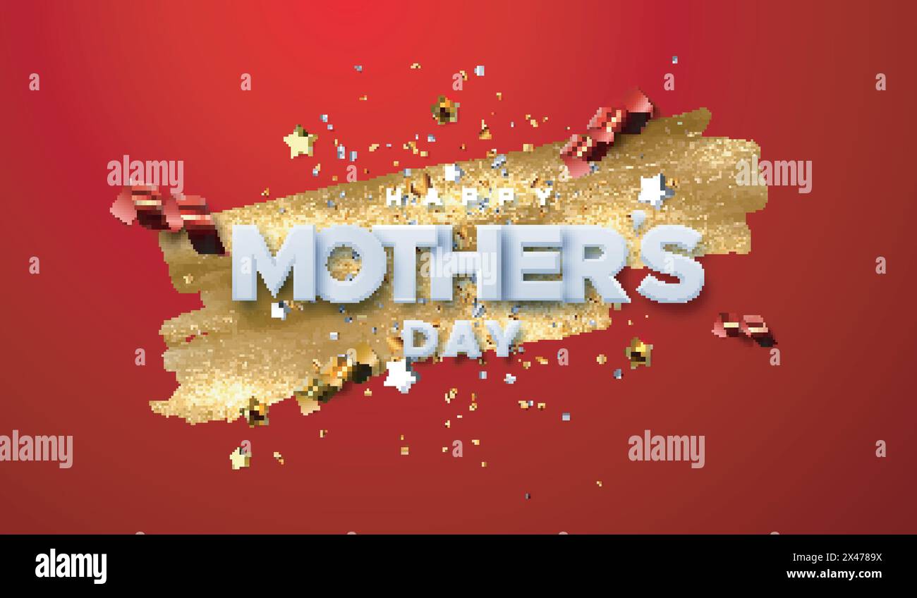 Etichetta Happy Mothers Day con particelle di coriandoli e vernice dorata su sfondo rosso Illustrazione Vettoriale