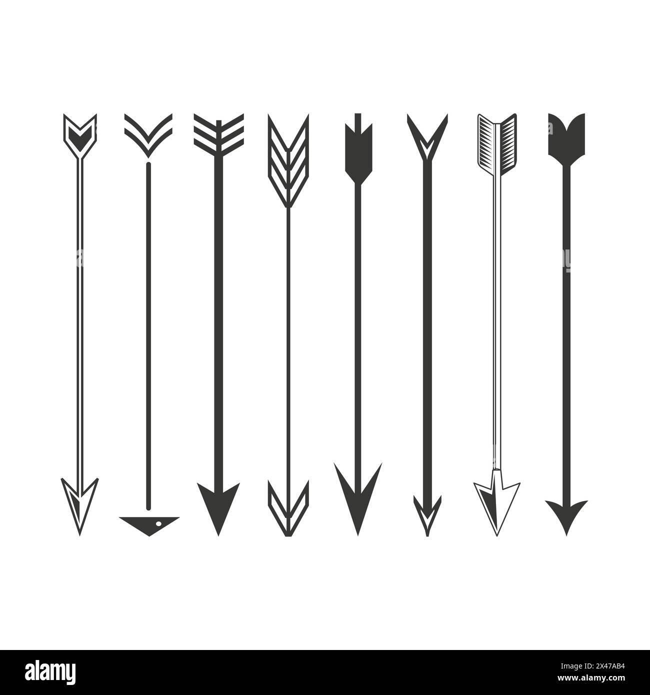 Set di varietà frecce di tiro con l'arco. Diversi disegni di fletching e punte di freccia. Apparecchiature di puntamento di precisione. Illustrazione vettoriale. EPS 10. Illustrazione Vettoriale