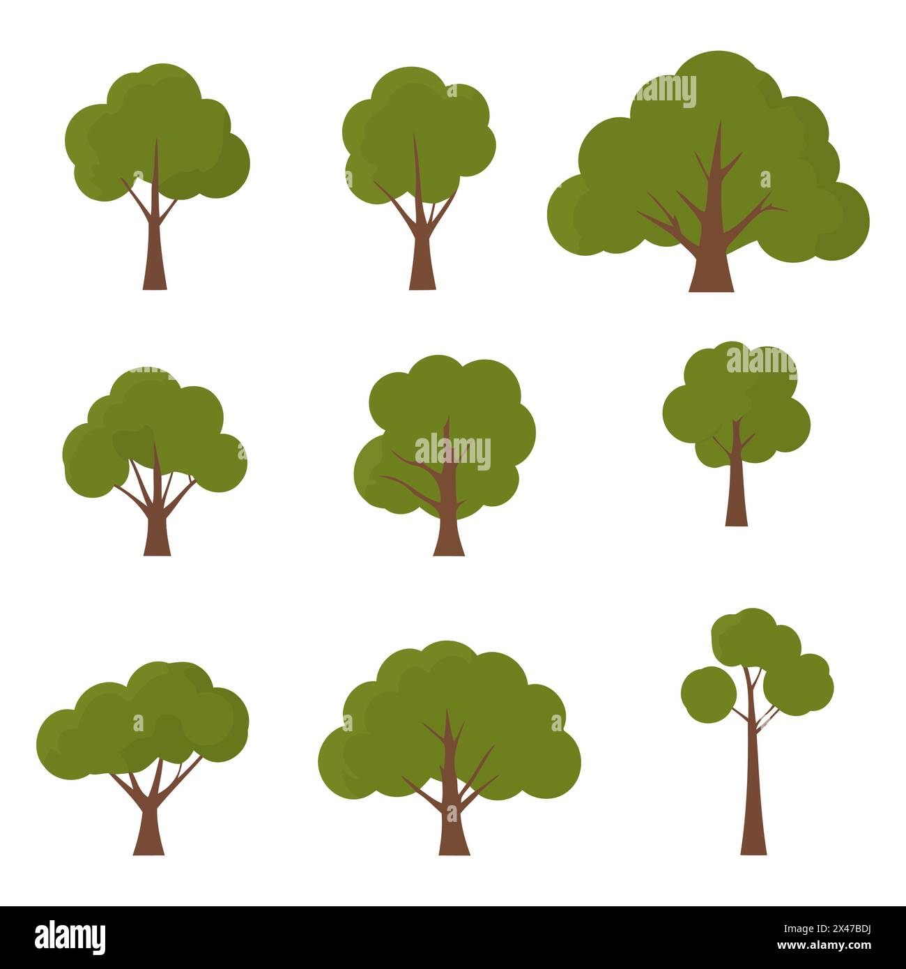 Varietà di alberi stilizzati in diverse forme e dimensioni Illustrazione Vettoriale