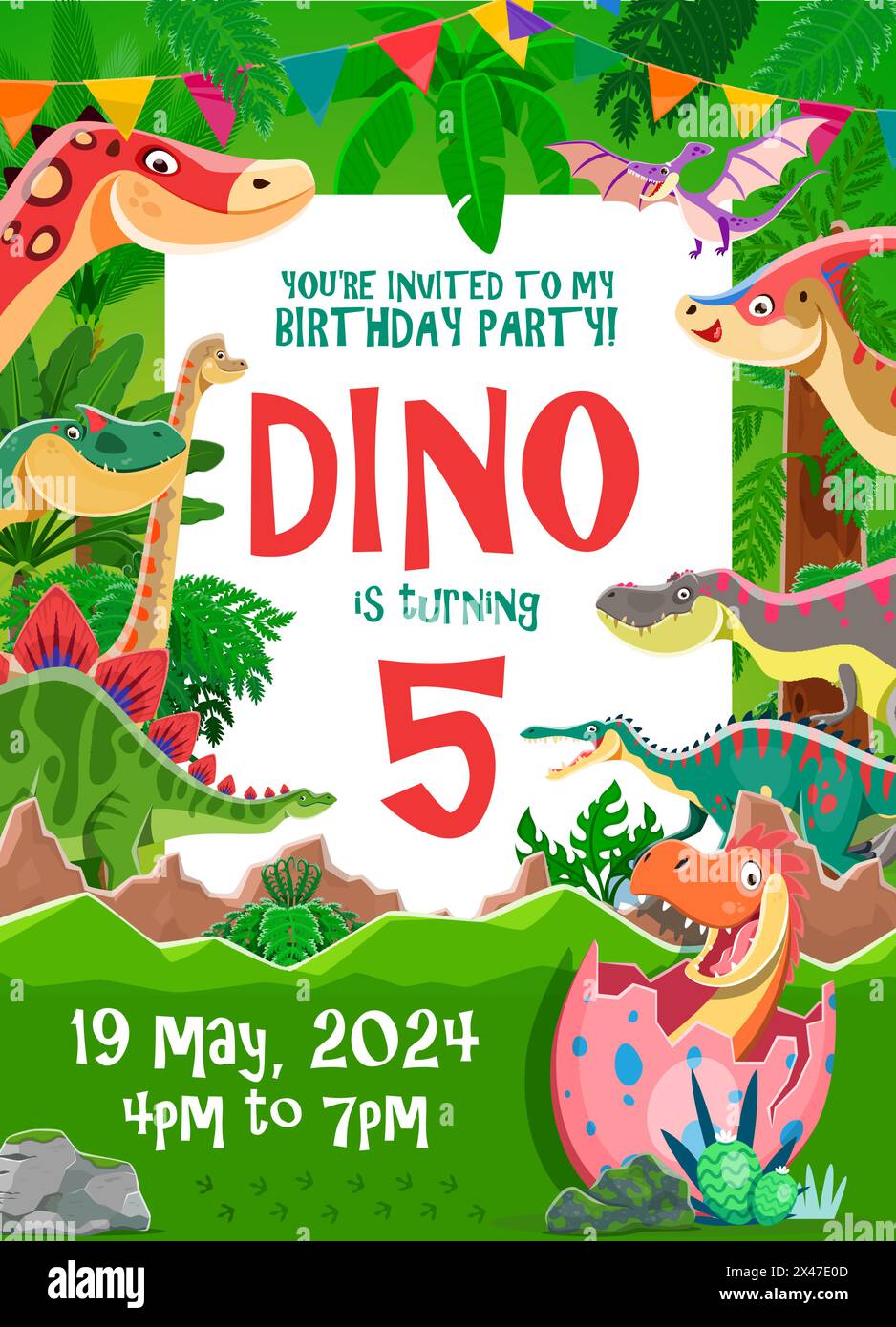 Volantino della festa di compleanno dei bambini con divertenti dinosauri cartoni animati sullo sfondo vettoriale della foresta tropicale. Simpatici tyrannosaurus, pterodattilo, spinosaurus e brachiosaurus dino animali con dinosauro bambino nel guscio dell'uovo Illustrazione Vettoriale