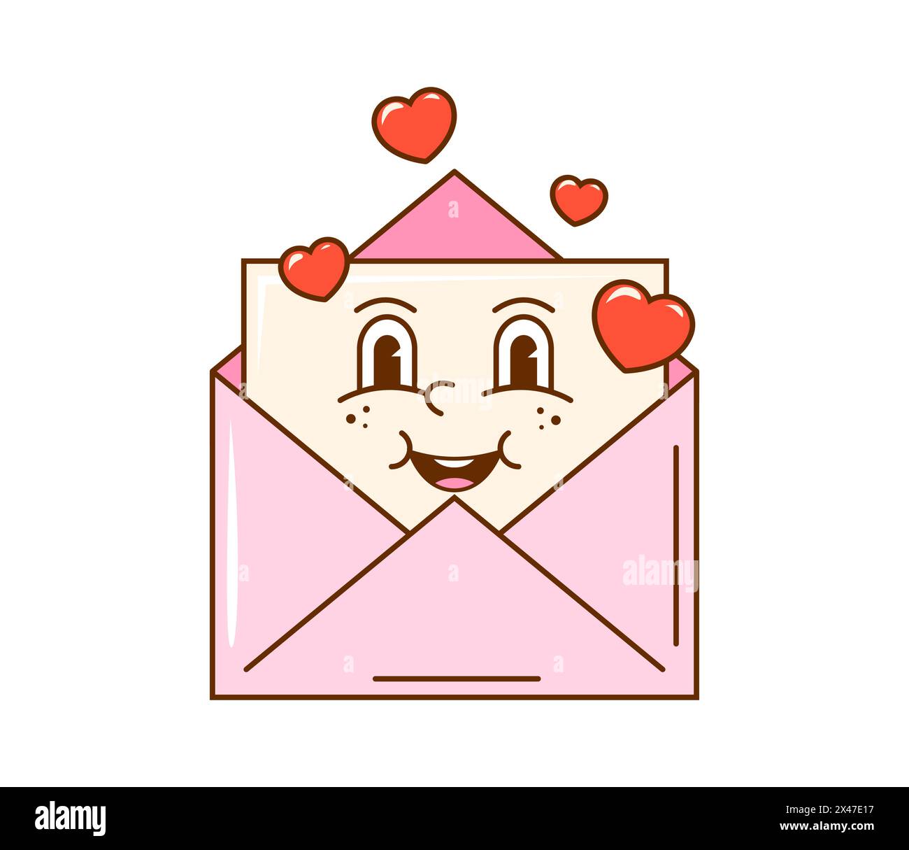 Cartoon Groovy valentine Love busta personaggio con cuori rosa. Lettera romantica di San Valentino o personaggio vettoriale di un carino foglio di carta con faccia funky. Emoticon retro Valentine Illustrazione Vettoriale