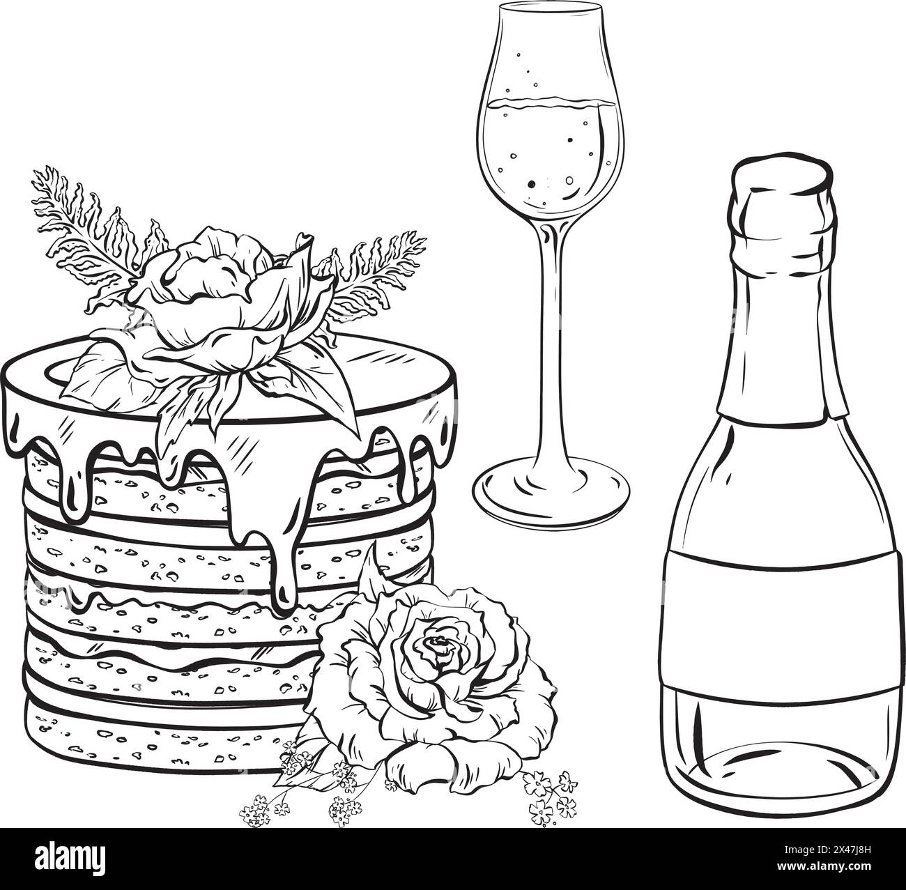 Disegno artistico in bianco e nero di una torta, una bottiglia di vino e un bicchiere di vino Illustrazione Vettoriale