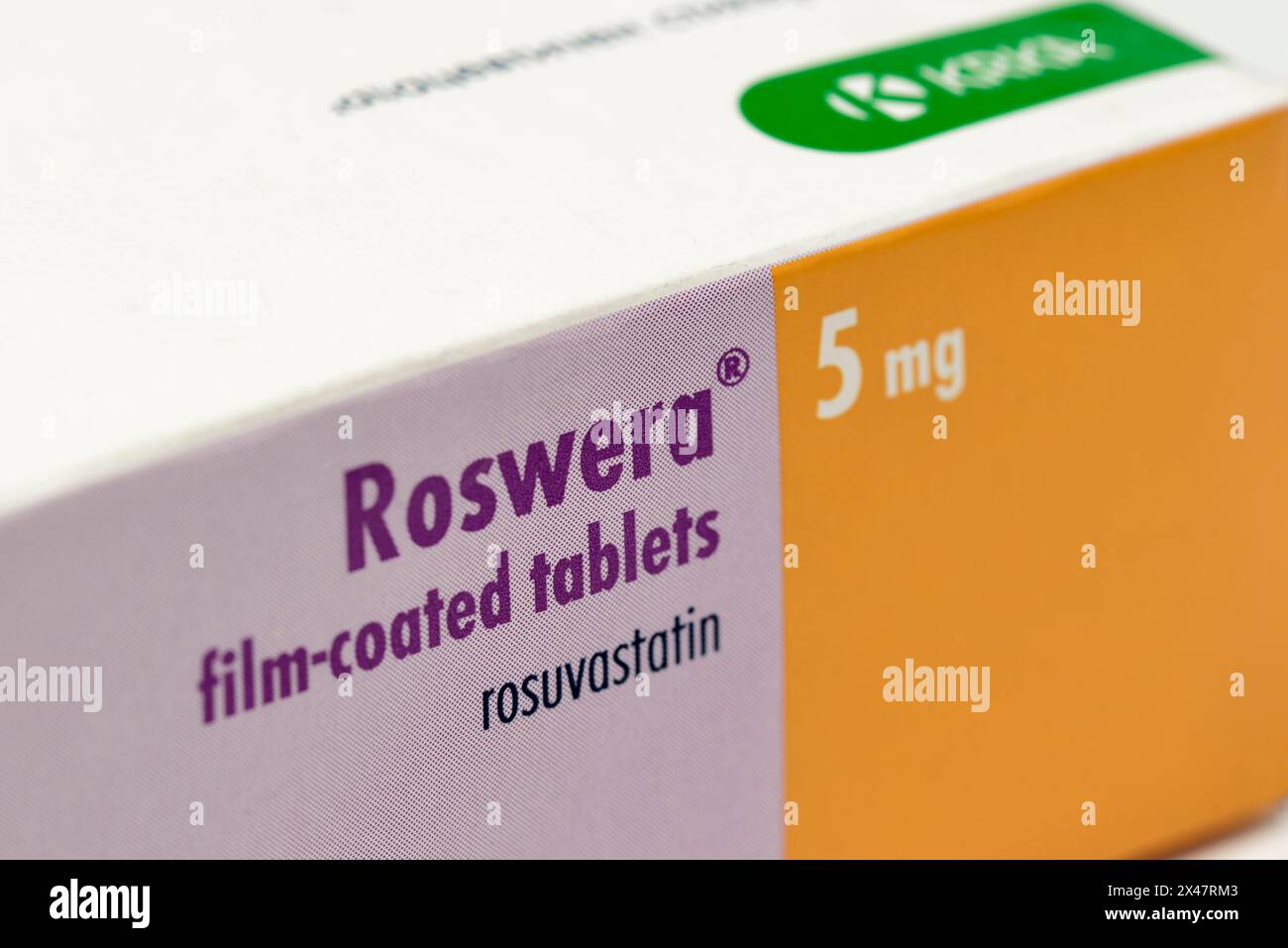 Rozwera compresse rivestite con film rosuvastatina 5 mg statine di KRKA imballaggio dettagli ravvicinati. Farmaco rivestito con pellicola per abbassare il colesterolo. Foto Stock