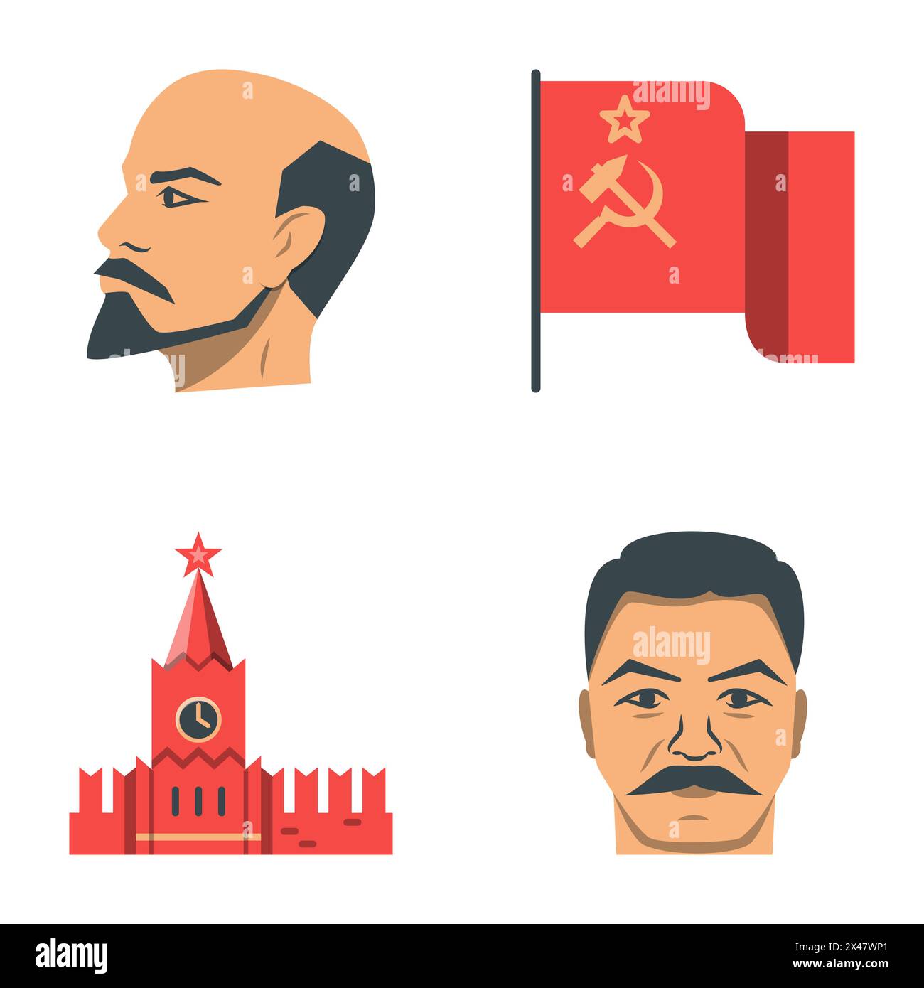 Set di icone piatte dei simboli dell'URSS. Leader comunisti russi, bandiera sovietica e torre del Cremlino. Illustrazione vettoriale. Illustrazione Vettoriale