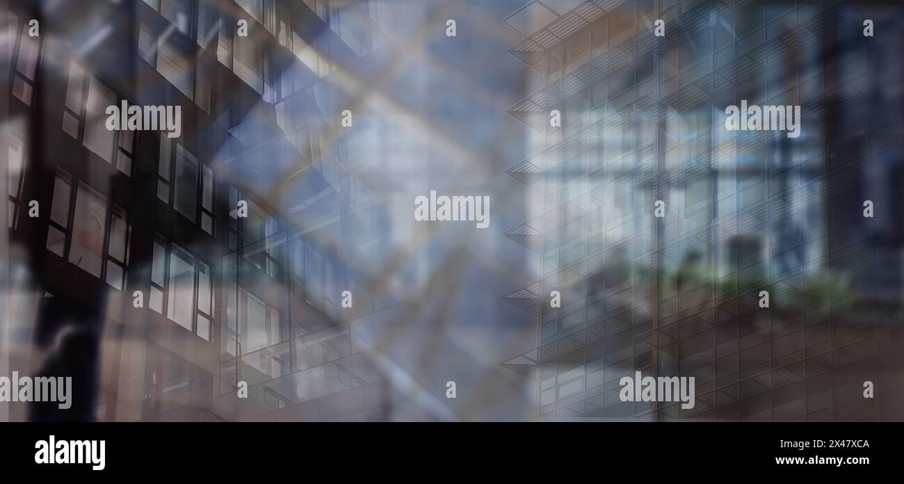 Moderno sfondo urbano high-tech con persone e movimenti in una sala d'attesa e elementi sovrapposti di grattacieli in colore grigio intenso Foto Stock