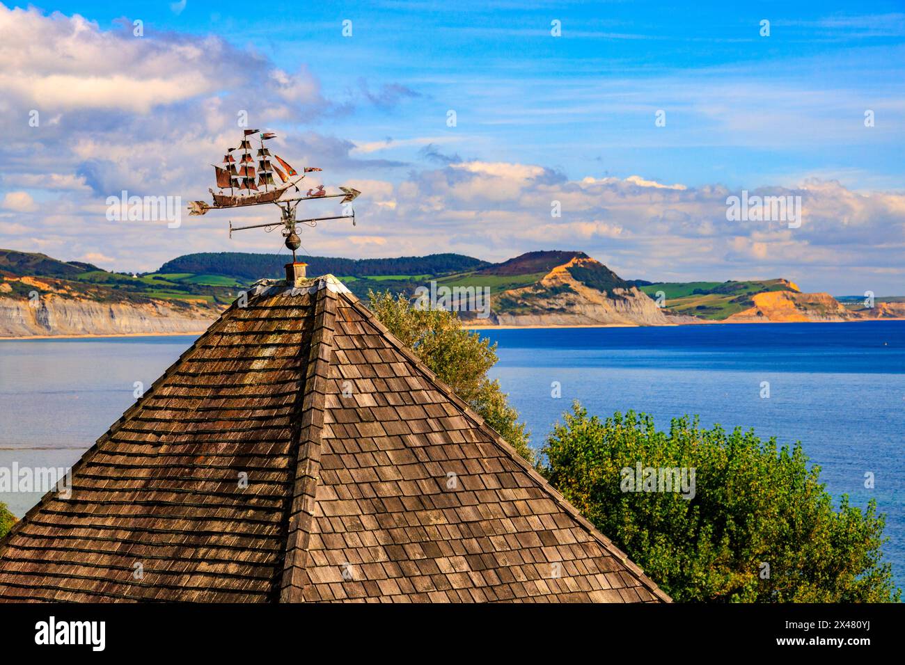 Un weathervane di un alto veliero a caccia di una balena su una casa a Lyme Regis con cappuccio dorato al di là, Dorset, England, Regno Unito Foto Stock