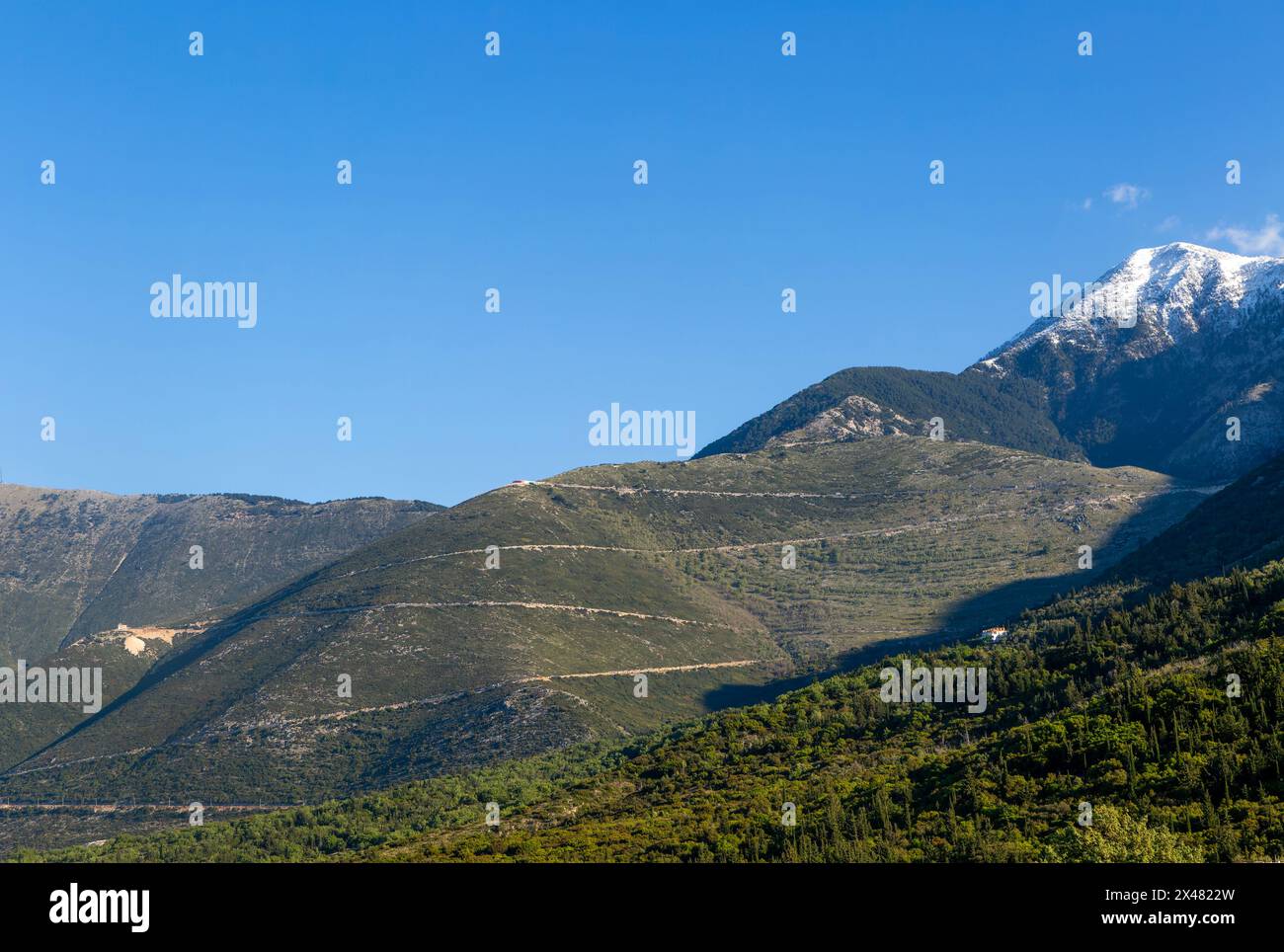 Cima innevata del Monte Cika e strada di montagna sul passo di Llogara, Palase, vicino a Dhermi, Albania Foto Stock