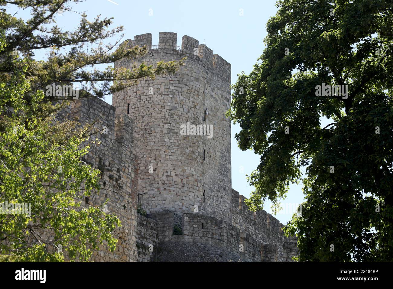 Belgrado. 28 aprile 2024. Questa foto scattata il 28 aprile 2024 mostra la fortezza di Kalemegdan a Belgrado, in Serbia. La Serbia, una nazione situata nella penisola balcanica, è attraversata da molti fiumi come il Danubio, la Sava, la Morava e la Tisa. La sua capitale Belgrado si trova alla confluenza del Danubio e della Sava. Crediti: Li Ying/Xinhua/Alamy Live News Foto Stock