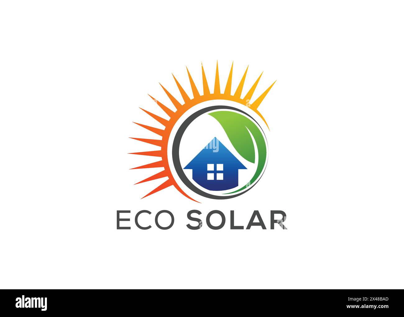 Logo vettoriale eco-solare minimalista. Logo vettoriale Modern Green Energy Solar. Home, Leaf, logo Sun Illustrazione Vettoriale